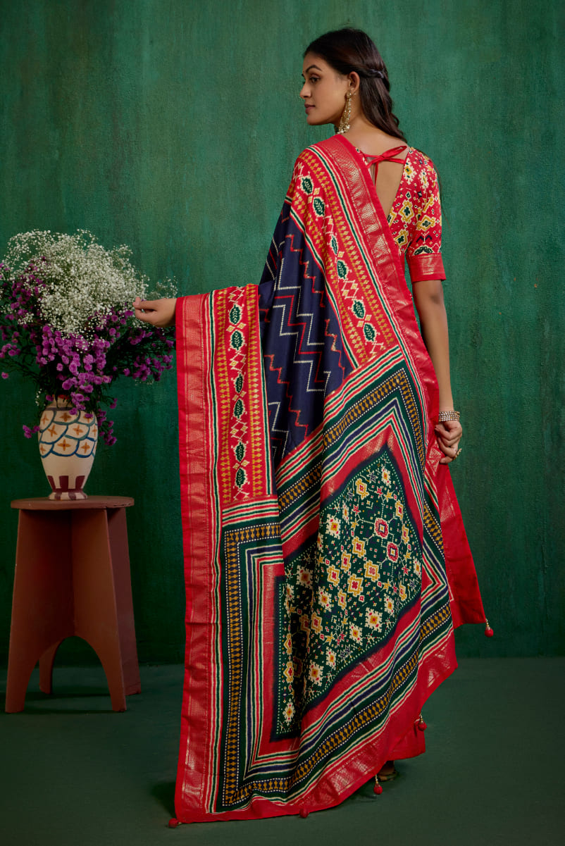 Red Velvet Tusser silk Patola Print Ready to Wear Saree