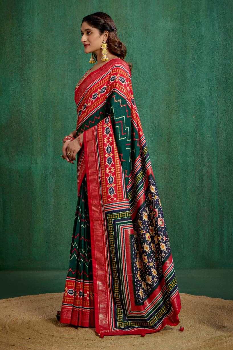 Green Velvet Tusser silk Patola Print Ready to Wear Saree