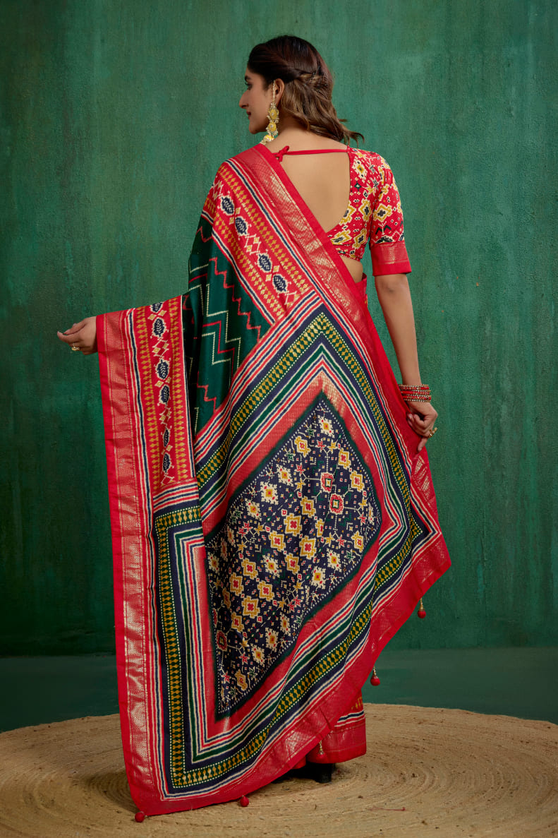 Green Velvet Tusser silk Patola Print Ready to Wear Saree