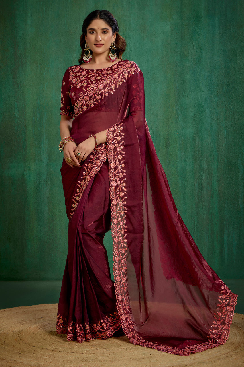 Wine Silk Blend Embroidery Ready to Wear Saree