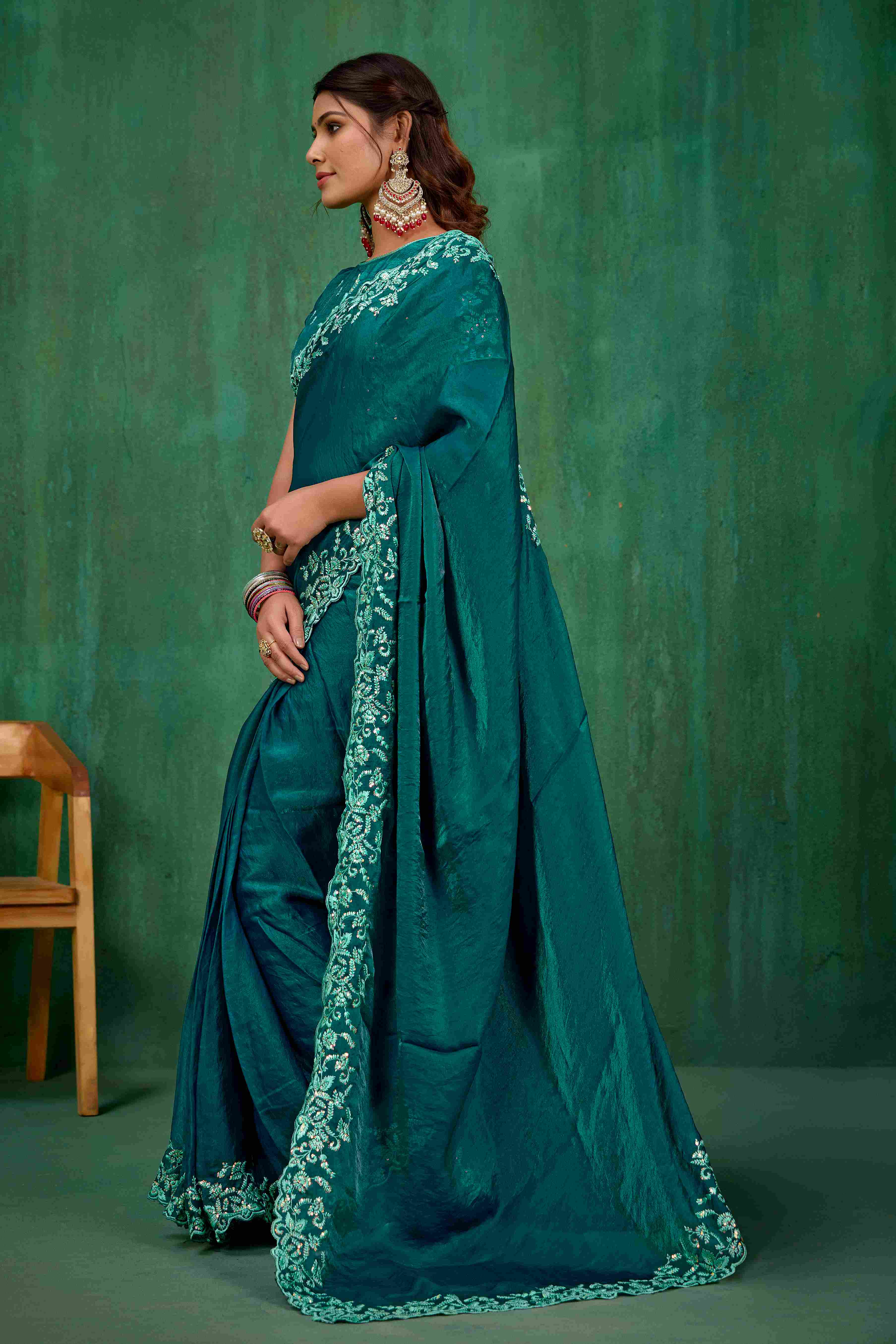 Sea Green Silk Blend Embroidery Ready to Wear Saree