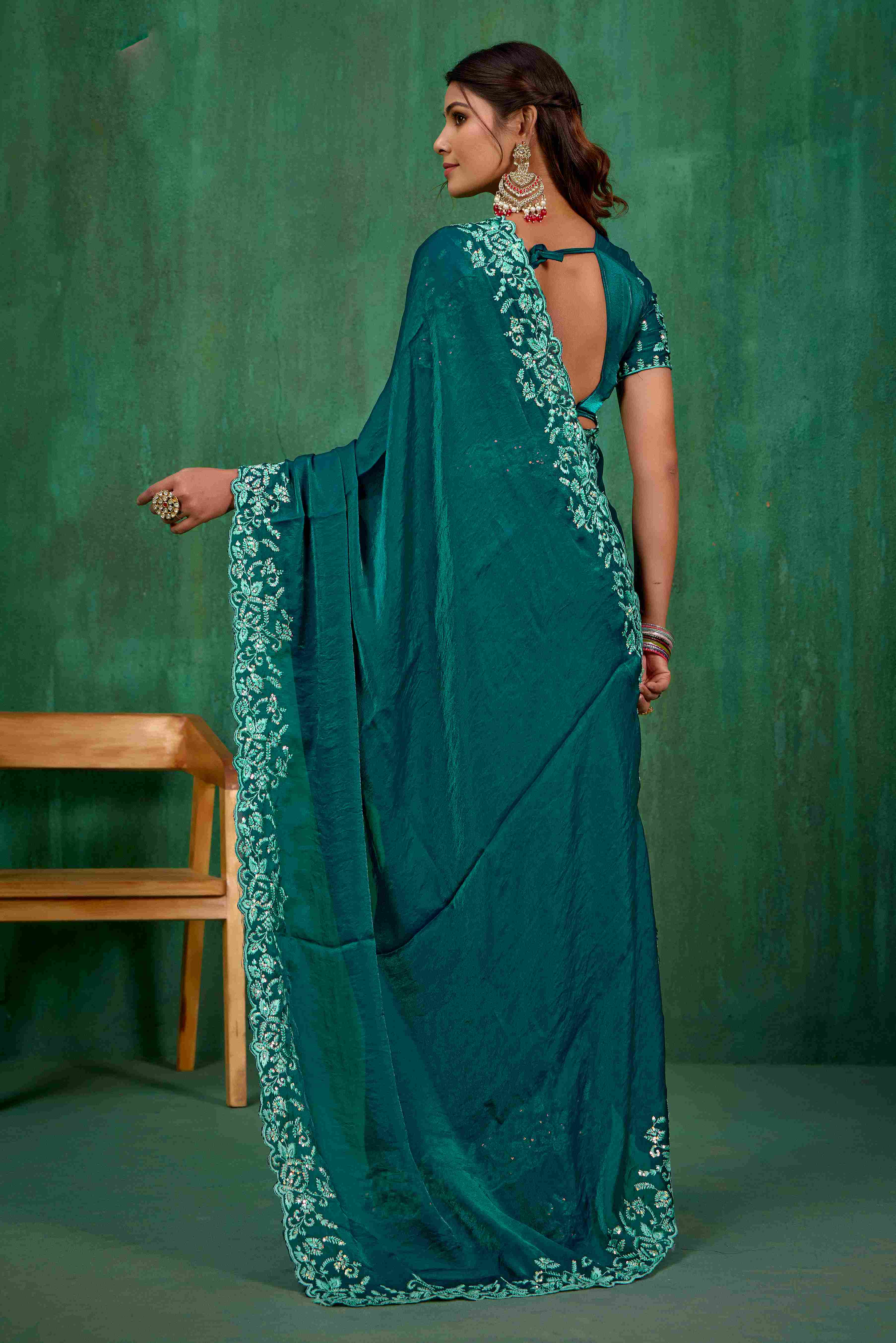 Sea Green Silk Blend Embroidery Ready to Wear Saree