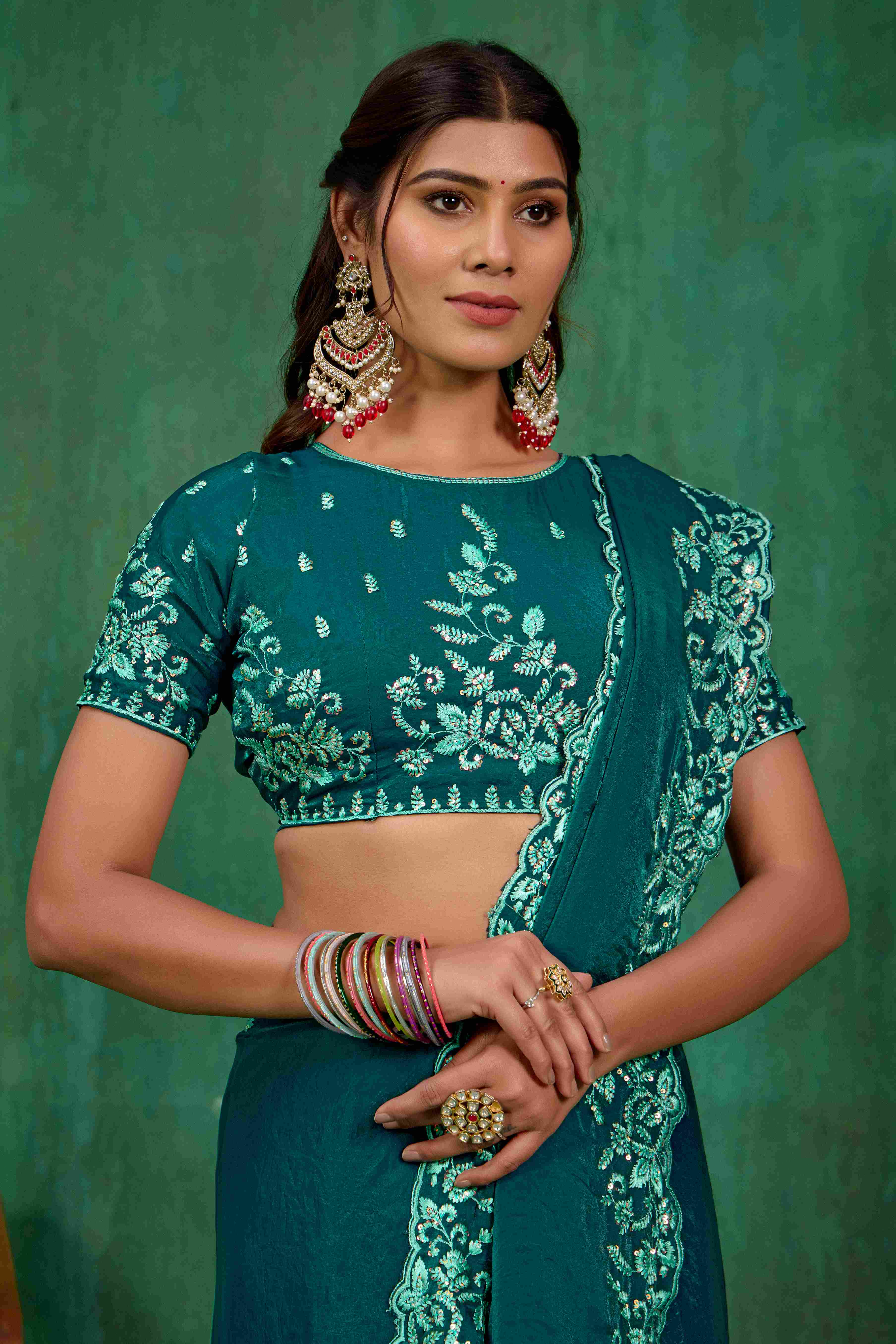 Sea Green Silk Blend Embroidery Ready to Wear Saree