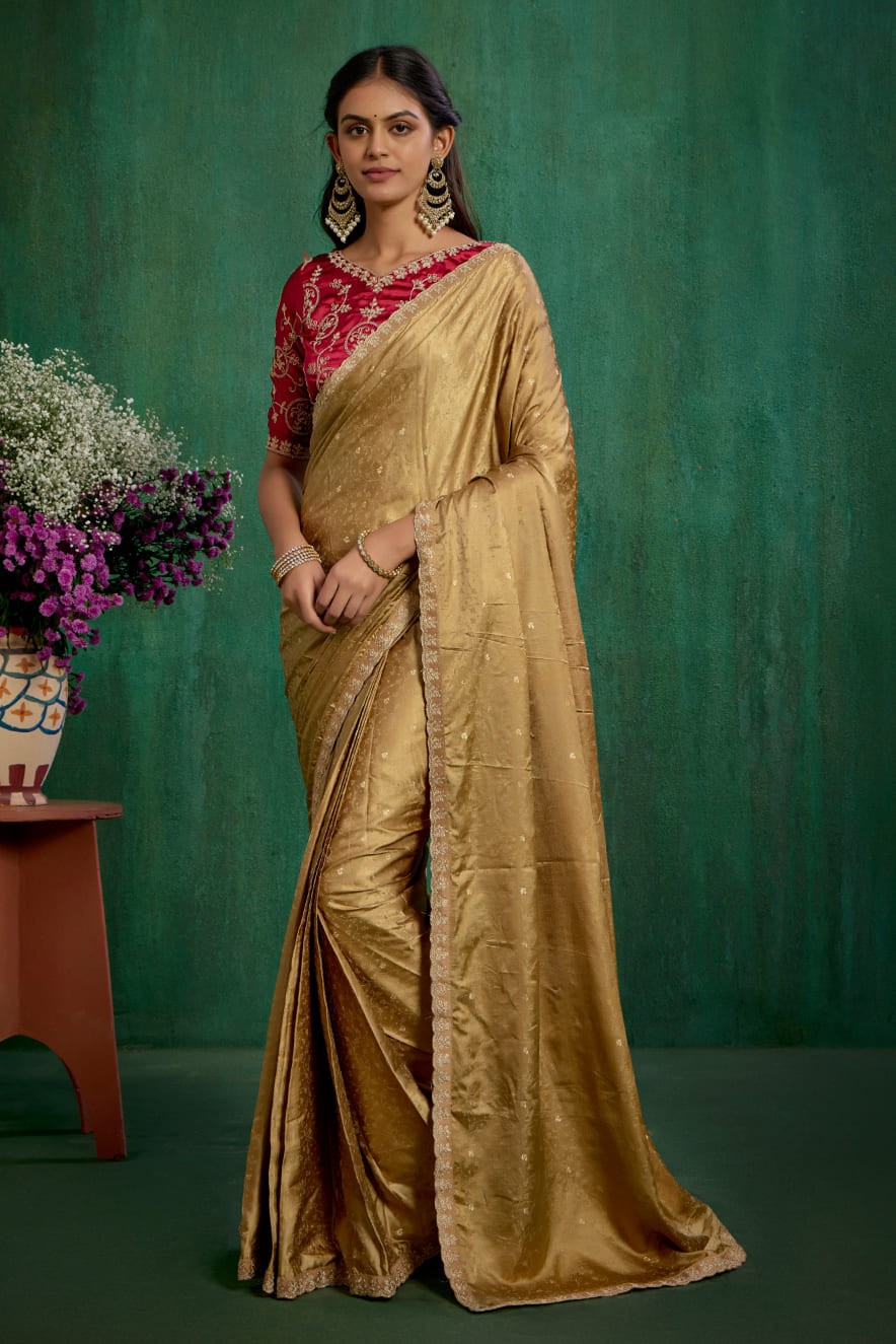 Brown Satin Jacquard Embroidery Ready to Wear Saree