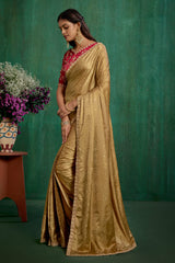 Brown Satin Jacquard Embroidery Ready to Wear Saree