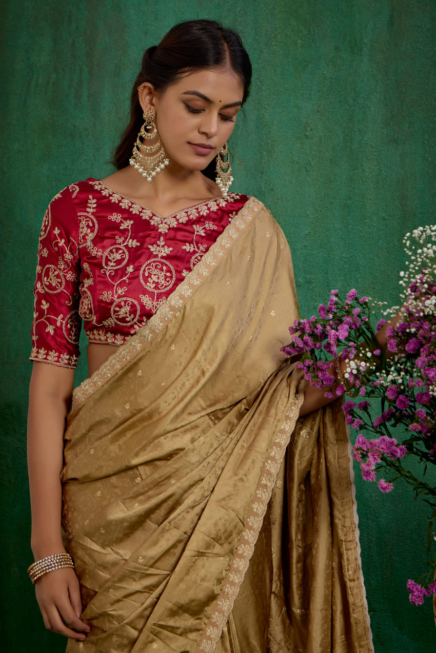 Brown Satin Jacquard Embroidery Ready to Wear Saree