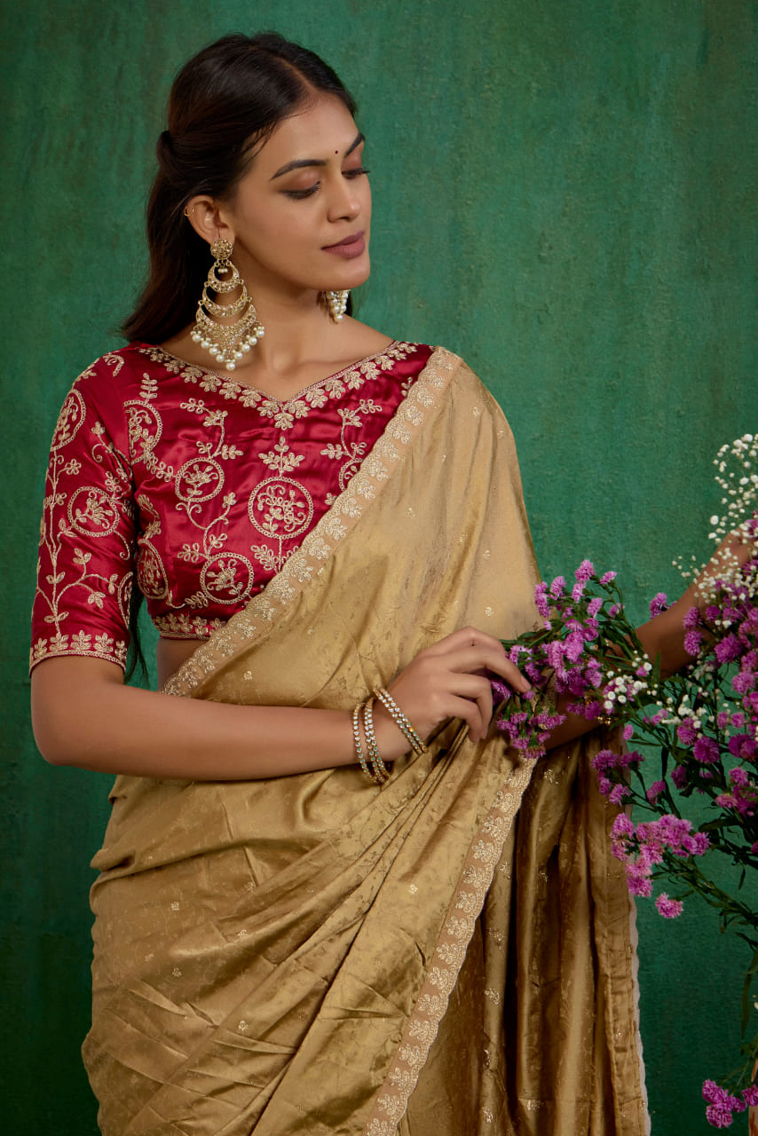 Brown Satin Jacquard Embroidery Ready to Wear Saree