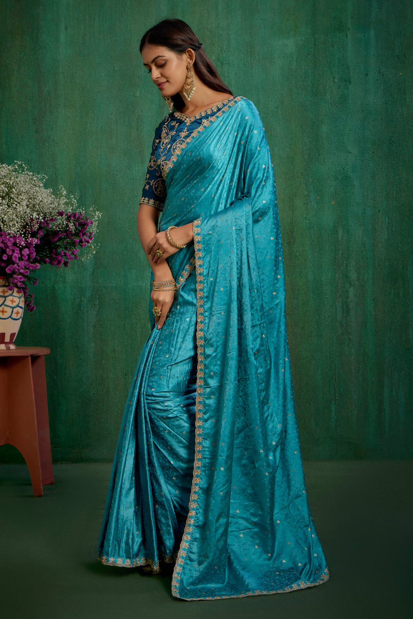 Sea Green Satin Jacquard Embroidery Ready to Wear Saree