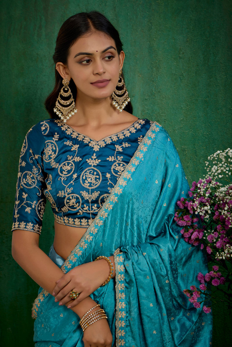 Sea Green Satin Jacquard Embroidery Ready to Wear Saree