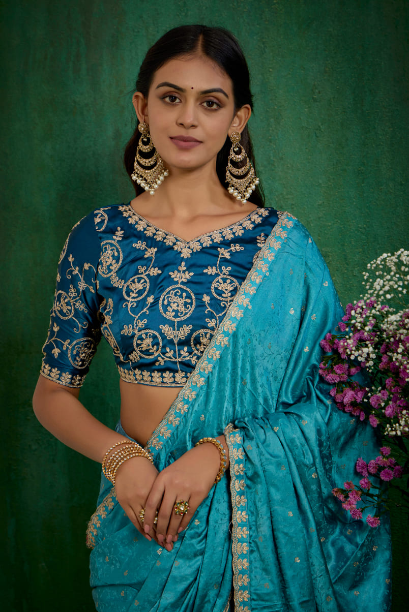 Sea Green Satin Jacquard Embroidery Ready to Wear Saree