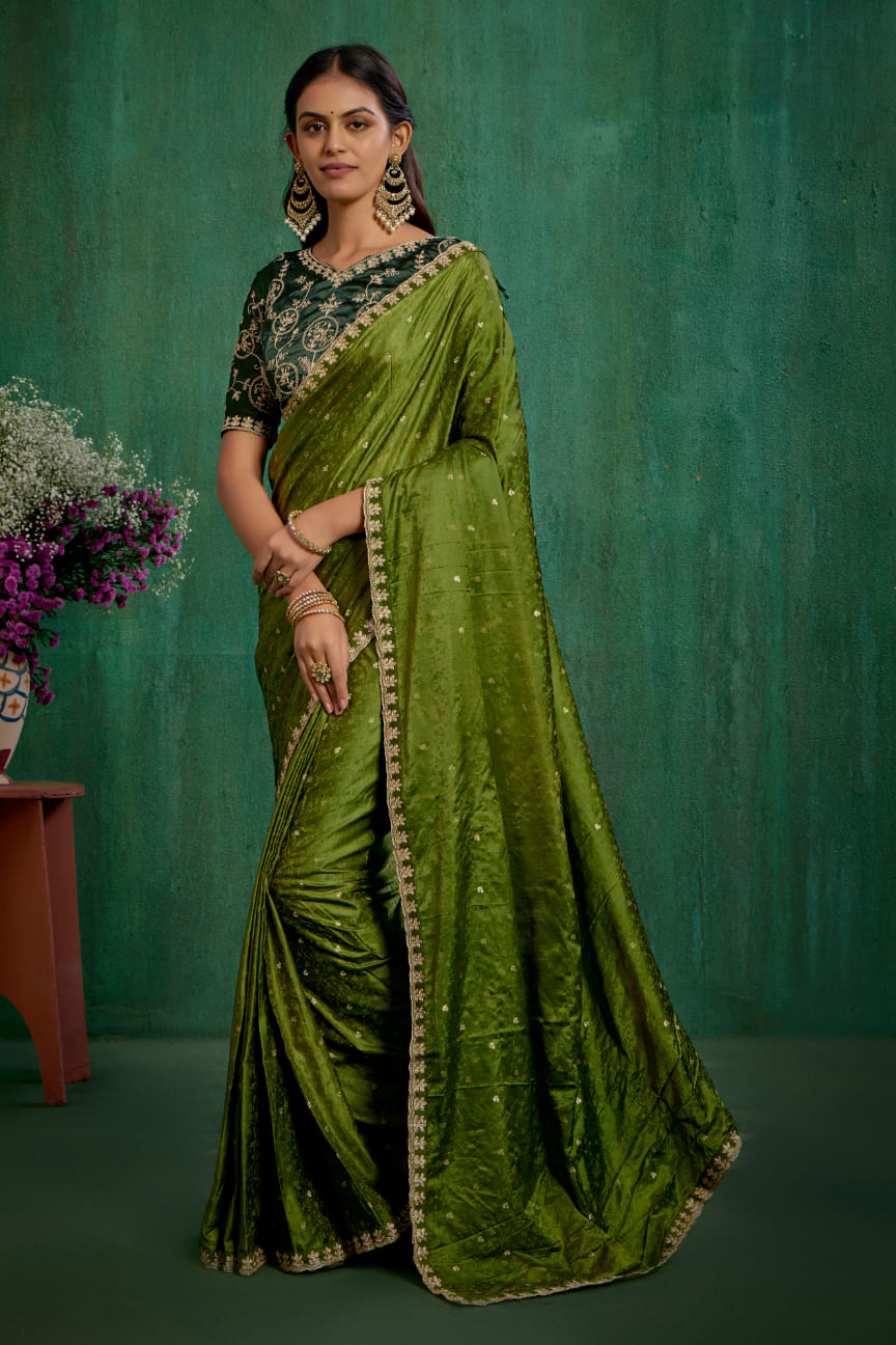 Olive Green Satin Jacquard Embroidery Ready to Wear Saree