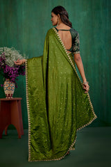 Olive Green Satin Jacquard Embroidery Ready to Wear Saree