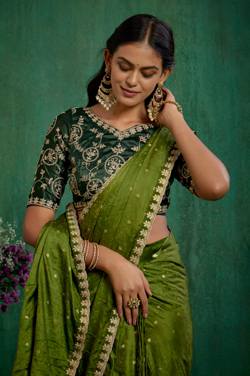 Olive Green Satin Jacquard Embroidery Ready to Wear Saree