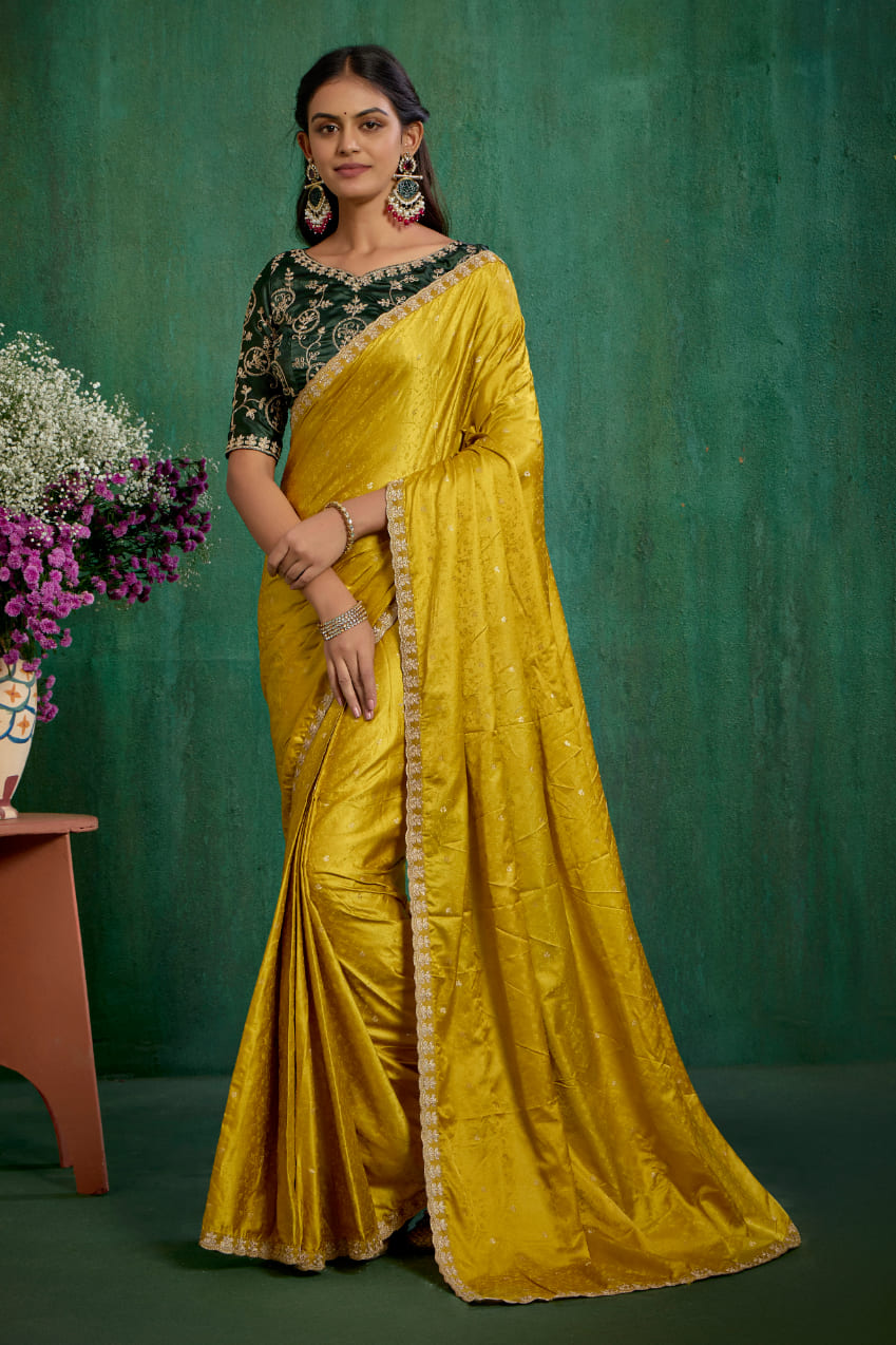 Gold Satin Jacquard Embroidery Ready to Wear Saree