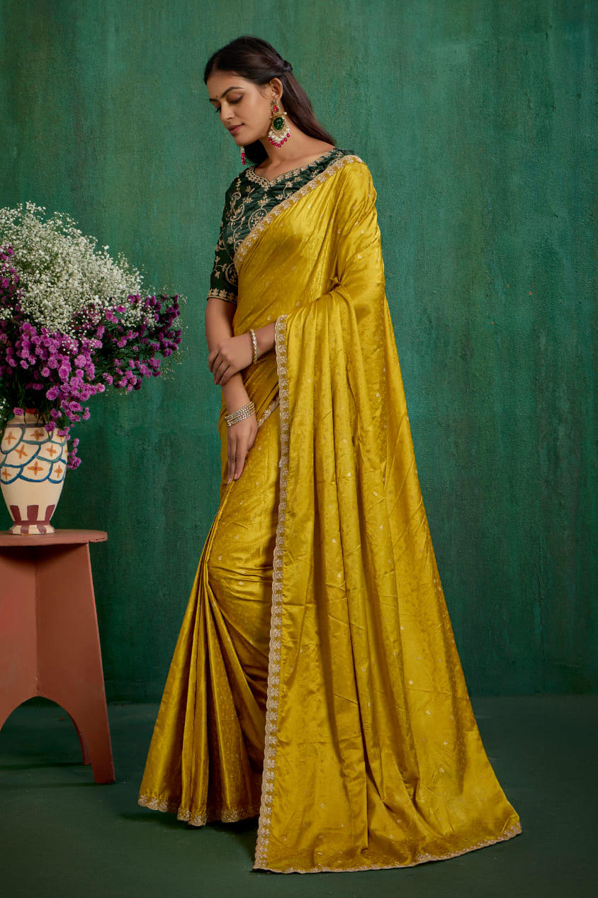 Gold Satin Jacquard Embroidery Ready to Wear Saree