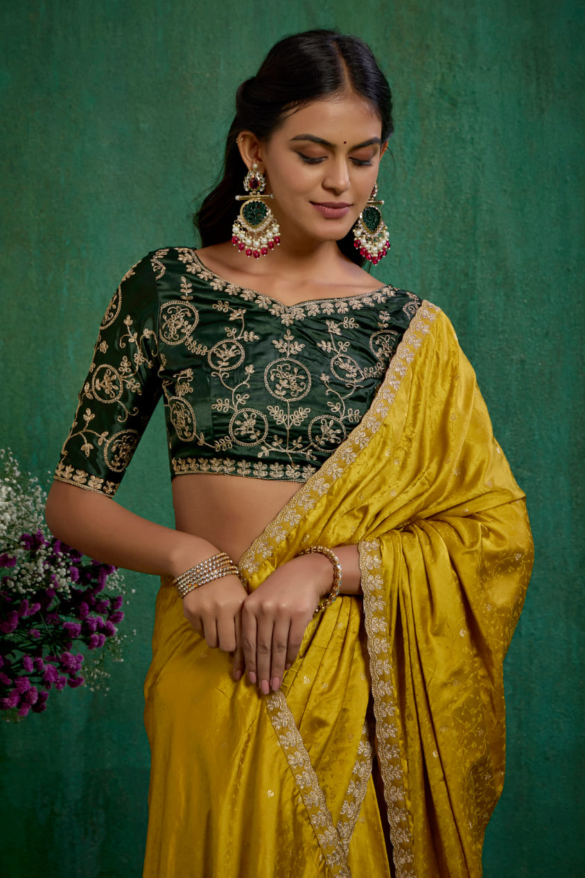 Gold Satin Jacquard Embroidery Ready to Wear Saree