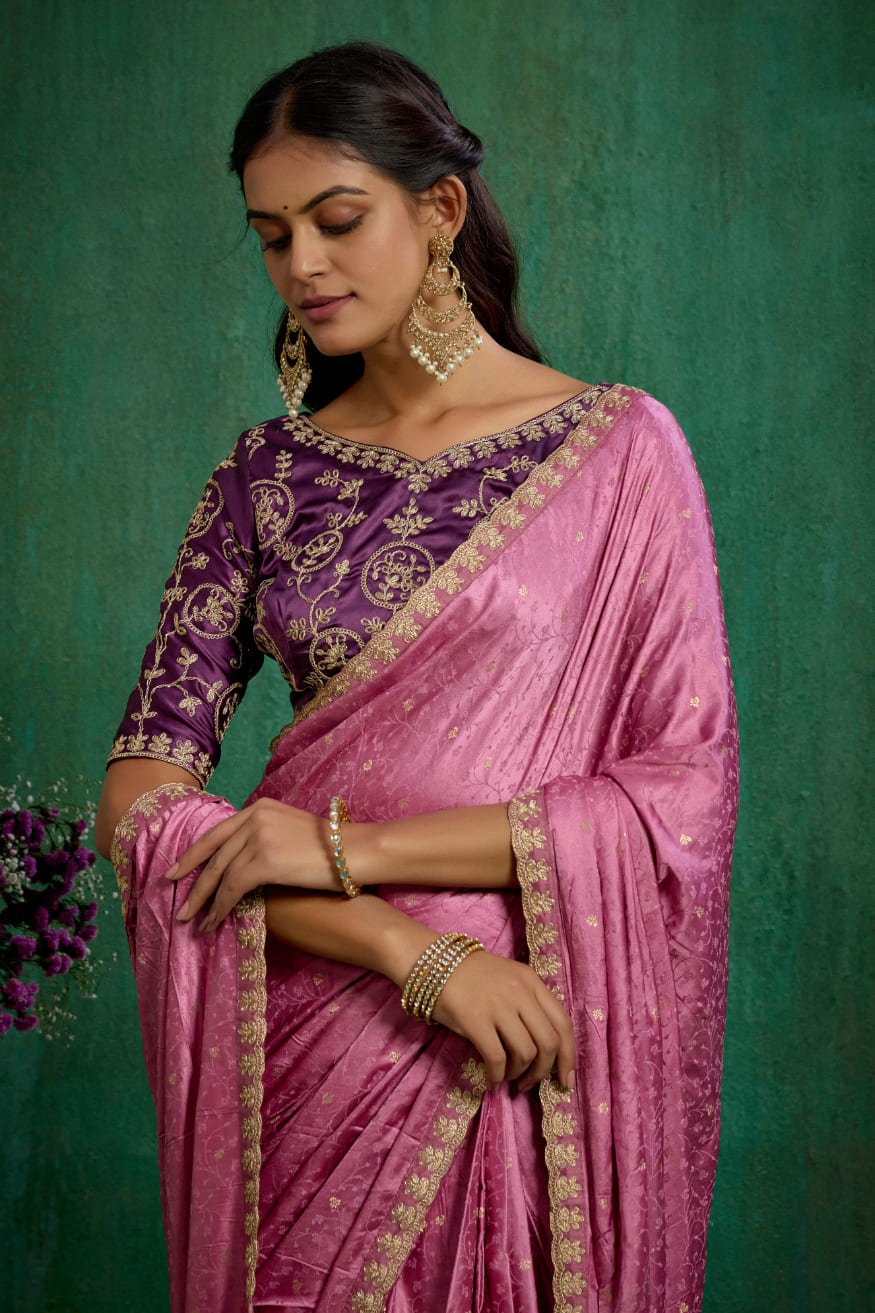 Pink Satin Jacquard Embroidery Ready to Wear Saree