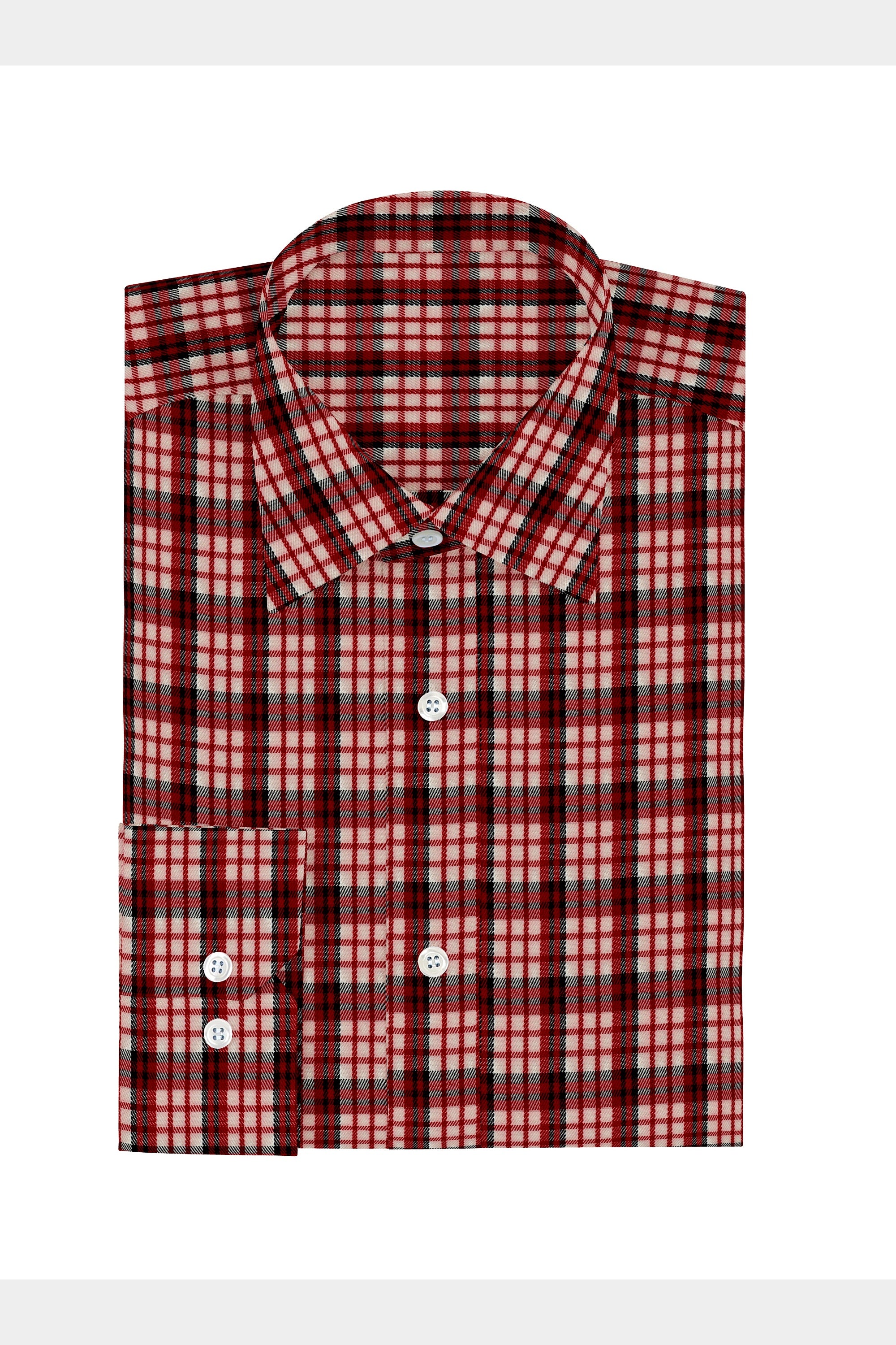 Cherry Red Plaid Checks Button Down Cotton Long Sleeves Jacquard Mens Shirt