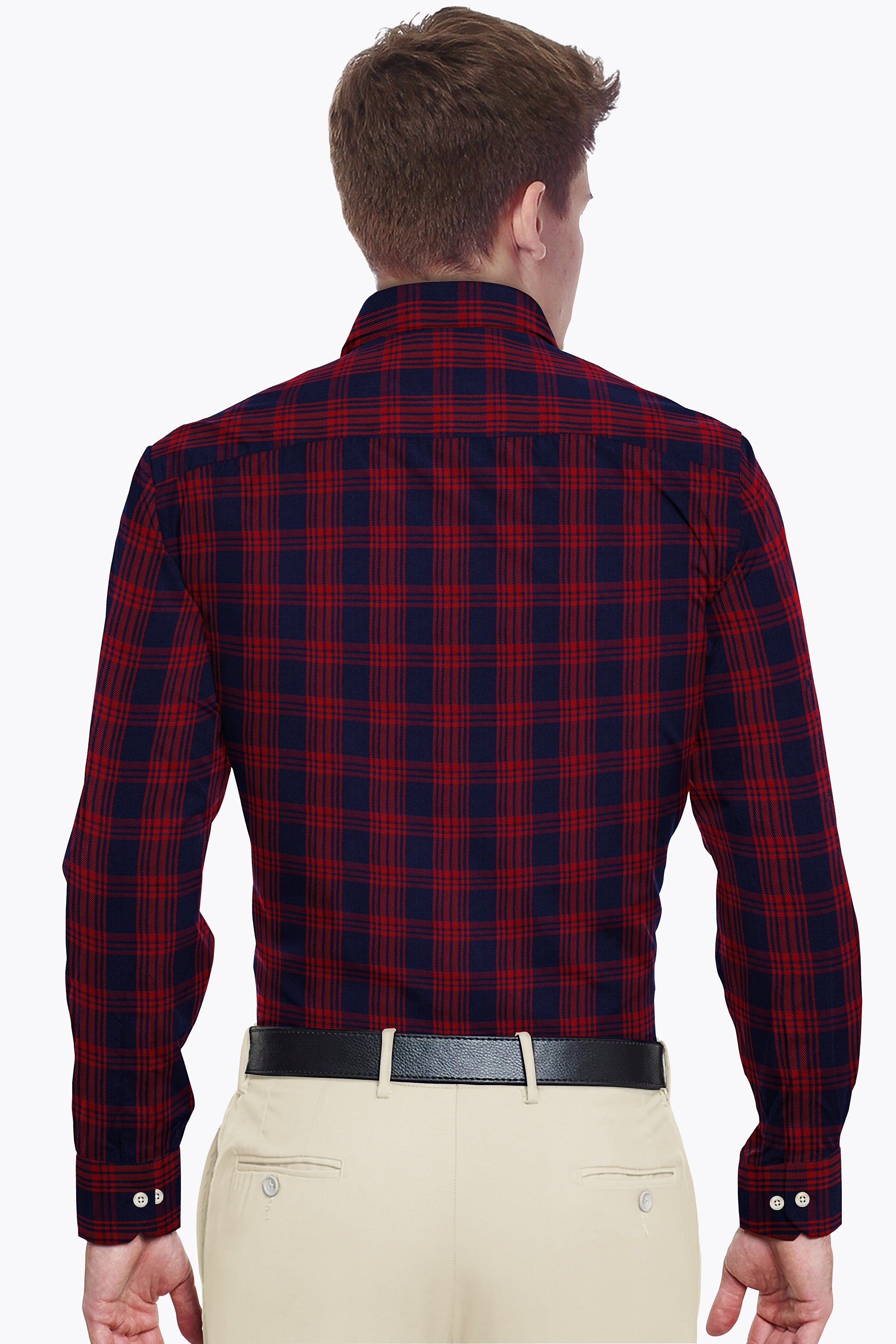 Navy Blue Red Plaid Checks Button Down  Cotton Long Sleeves Jacquard Mens Shirt