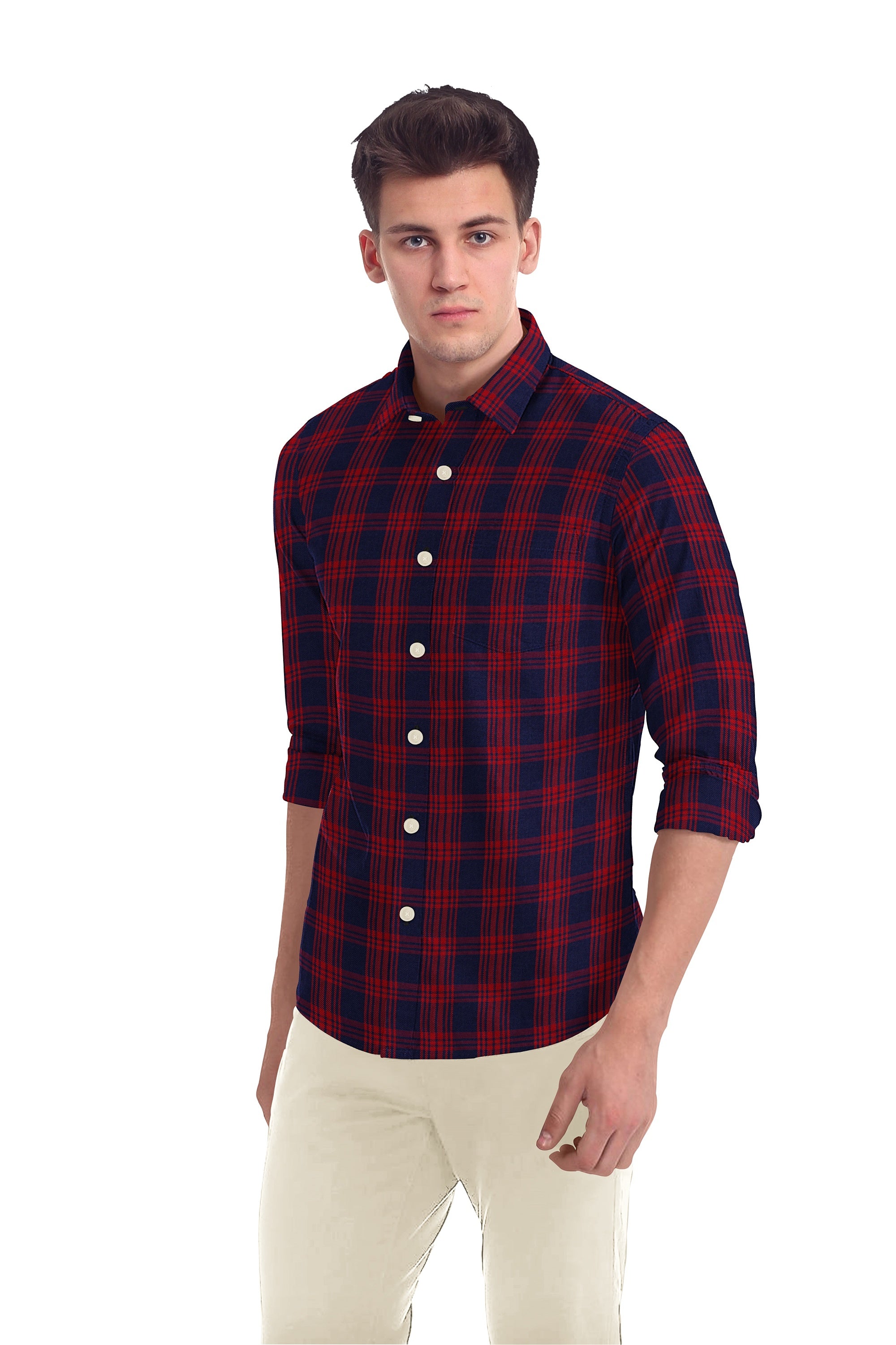 Navy Blue Red Plaid Checks Button Down  Cotton Long Sleeves Jacquard Mens Shirt