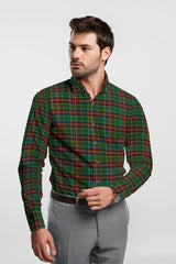 Green Plaid Checks Button Down  Cotton Long Sleeves Jacquard Mens Shirt