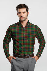 Green Plaid Checks Button Down  Cotton Long Sleeves Jacquard Mens Shirt