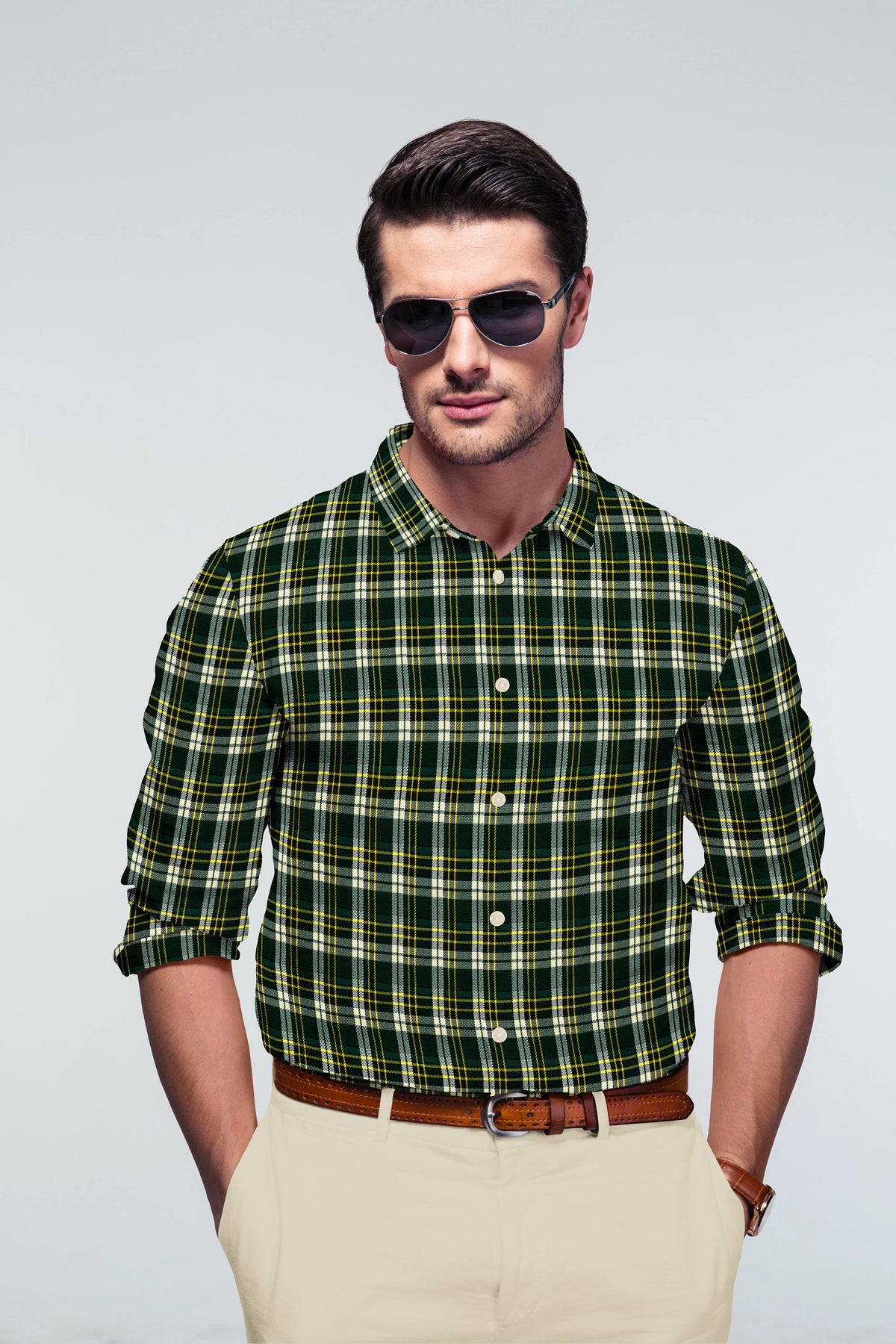 Olive Green Plaid Checks Button Down  Cotton Long Sleeves Jacquard Mens Shirt