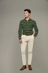 Olive Green Plaid Checks Button Down  Cotton Long Sleeves Jacquard Mens Shirt