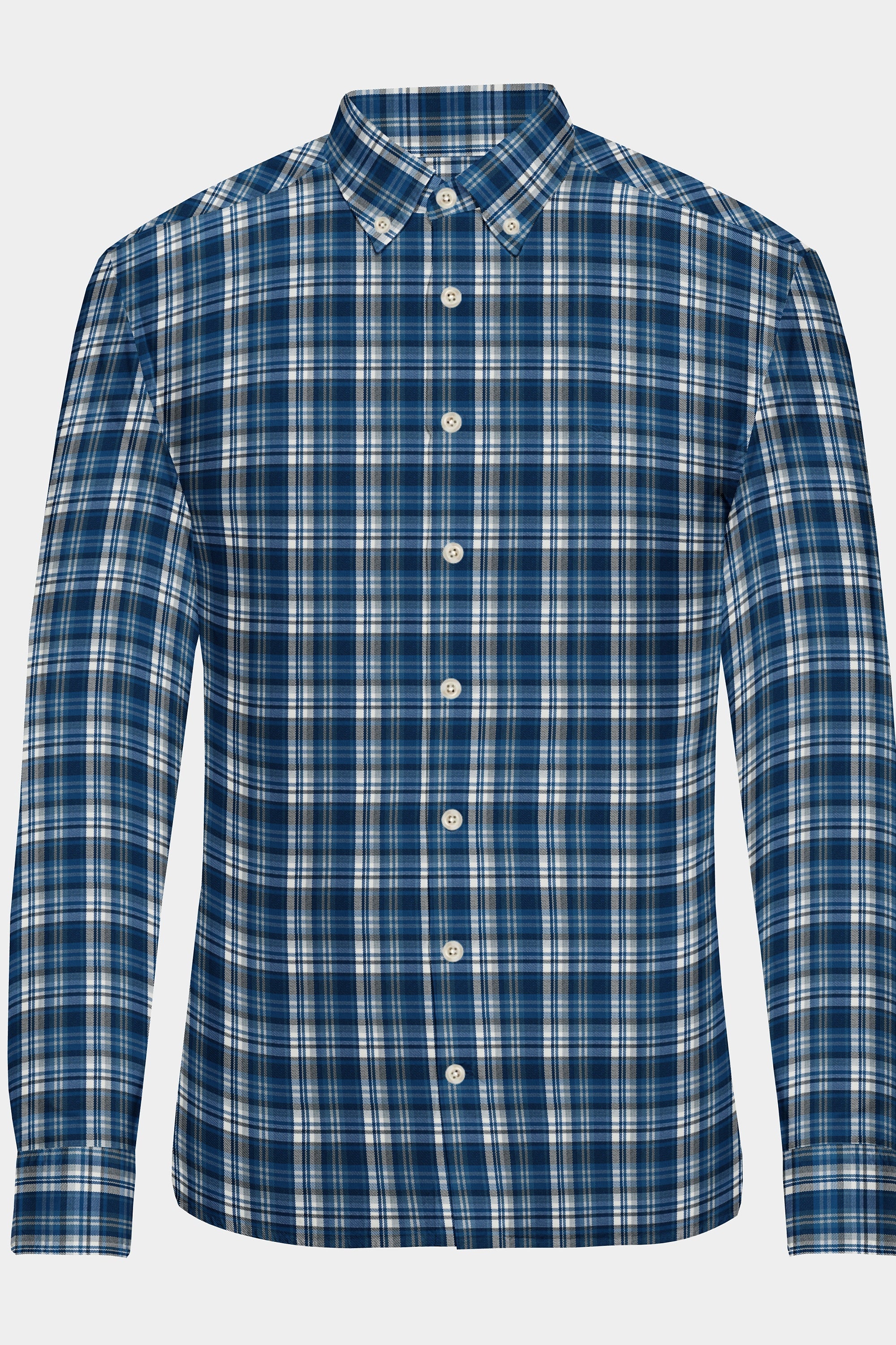 Dark Blue Plaid Checks Button Down  Cotton Long Sleeves Jacquard Mens Shirt