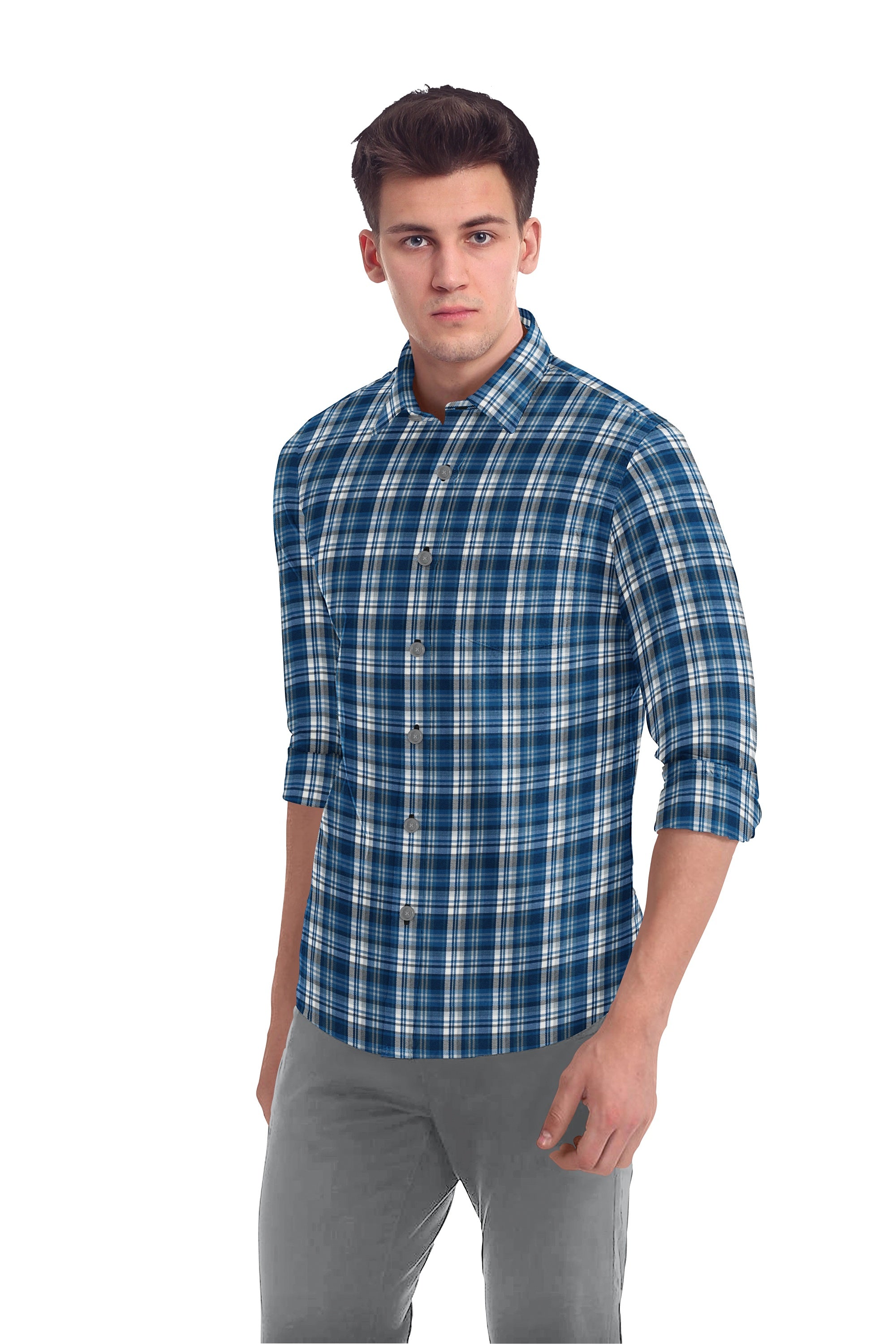 Dark Blue Plaid Checks Button Down  Cotton Long Sleeves Jacquard Mens Shirt