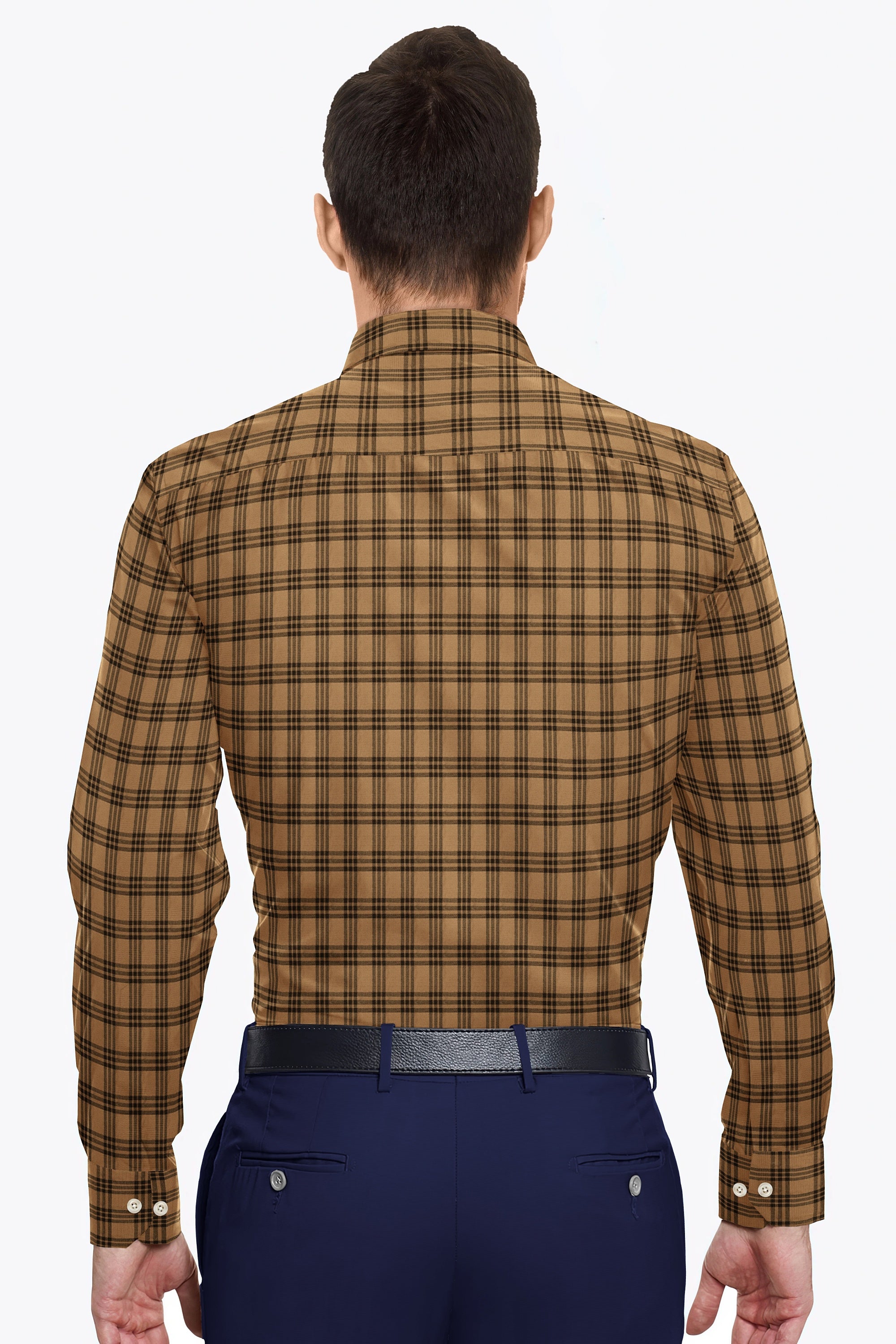 Brown Plaid Checks Button Down  Cotton Long Sleeves Jacquard Mens Shirt