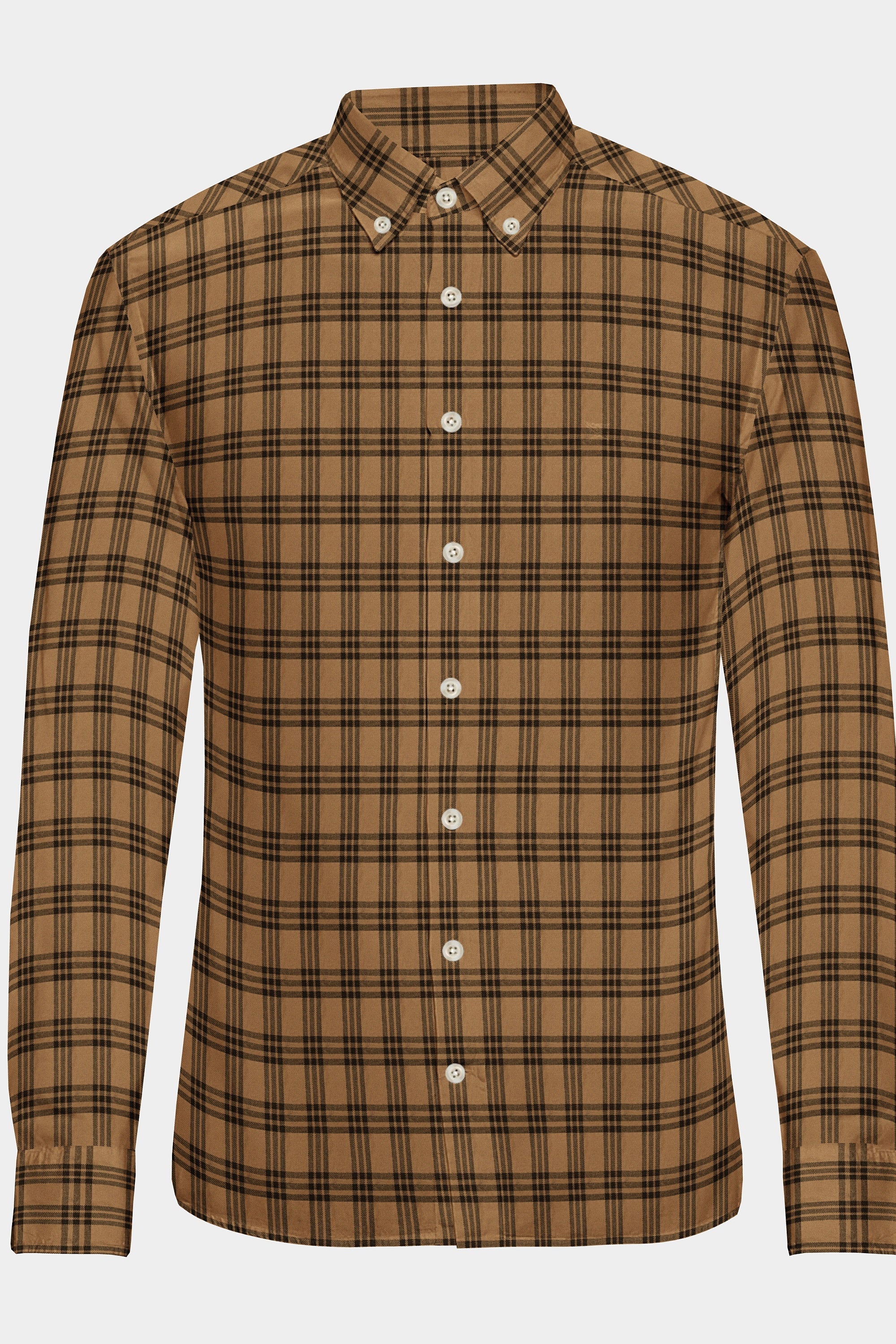 Brown Plaid Checks Button Down  Cotton Long Sleeves Jacquard Mens Shirt