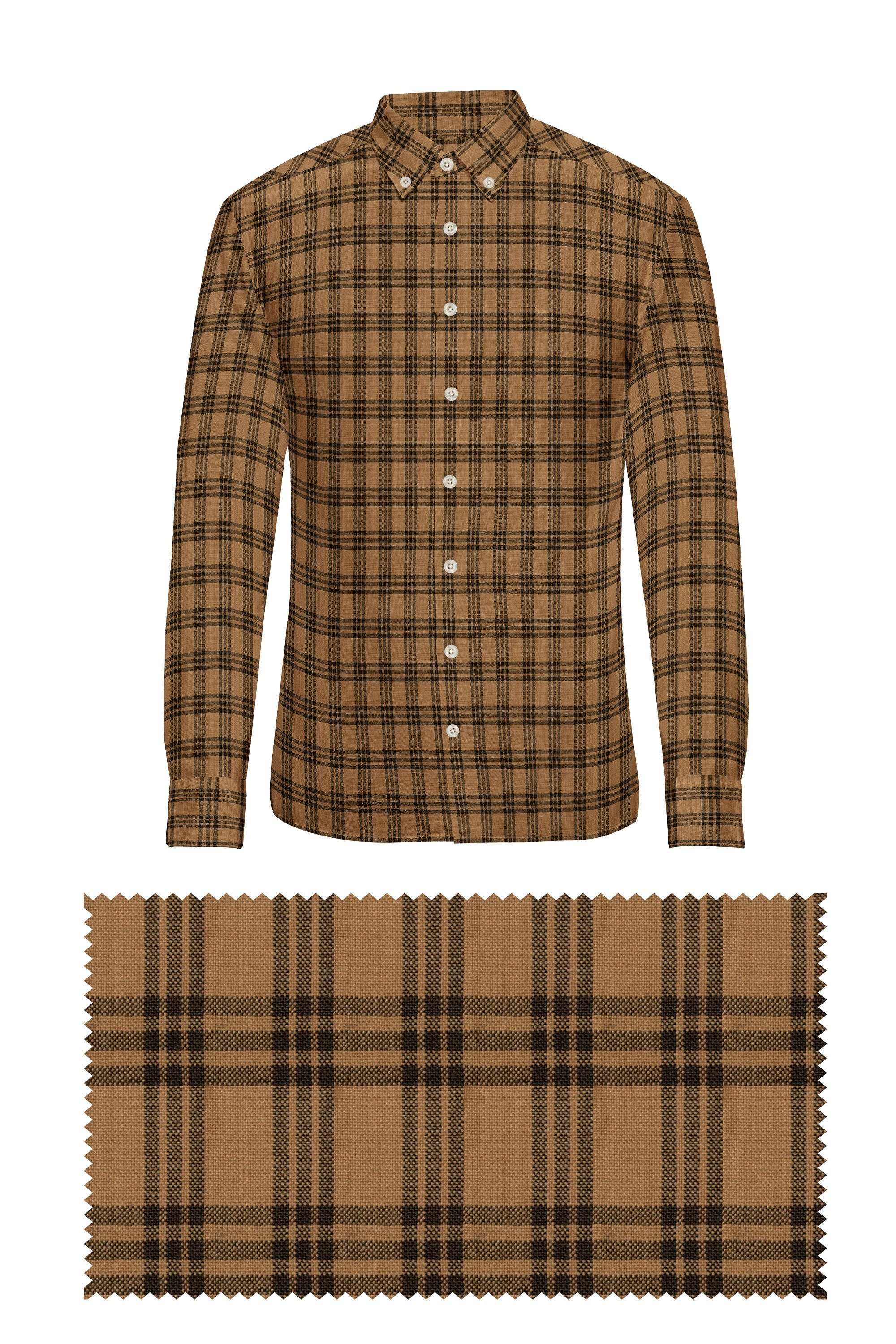 Brown Plaid Checks Button Down  Cotton Long Sleeves Jacquard Mens Shirt