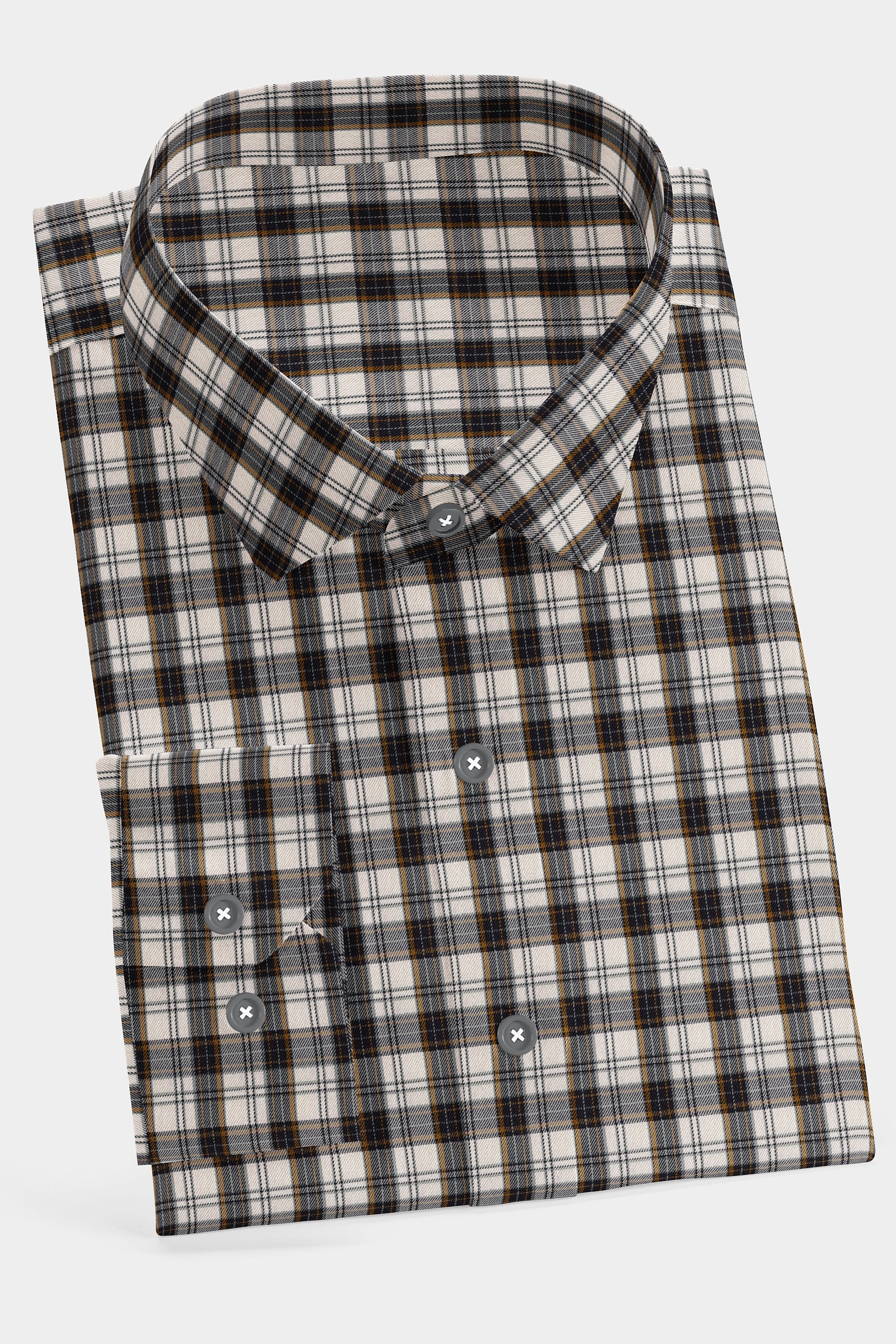 Black Plaid Checks Button Down  Cotton Long Sleeves Jacquard Mens Shirt