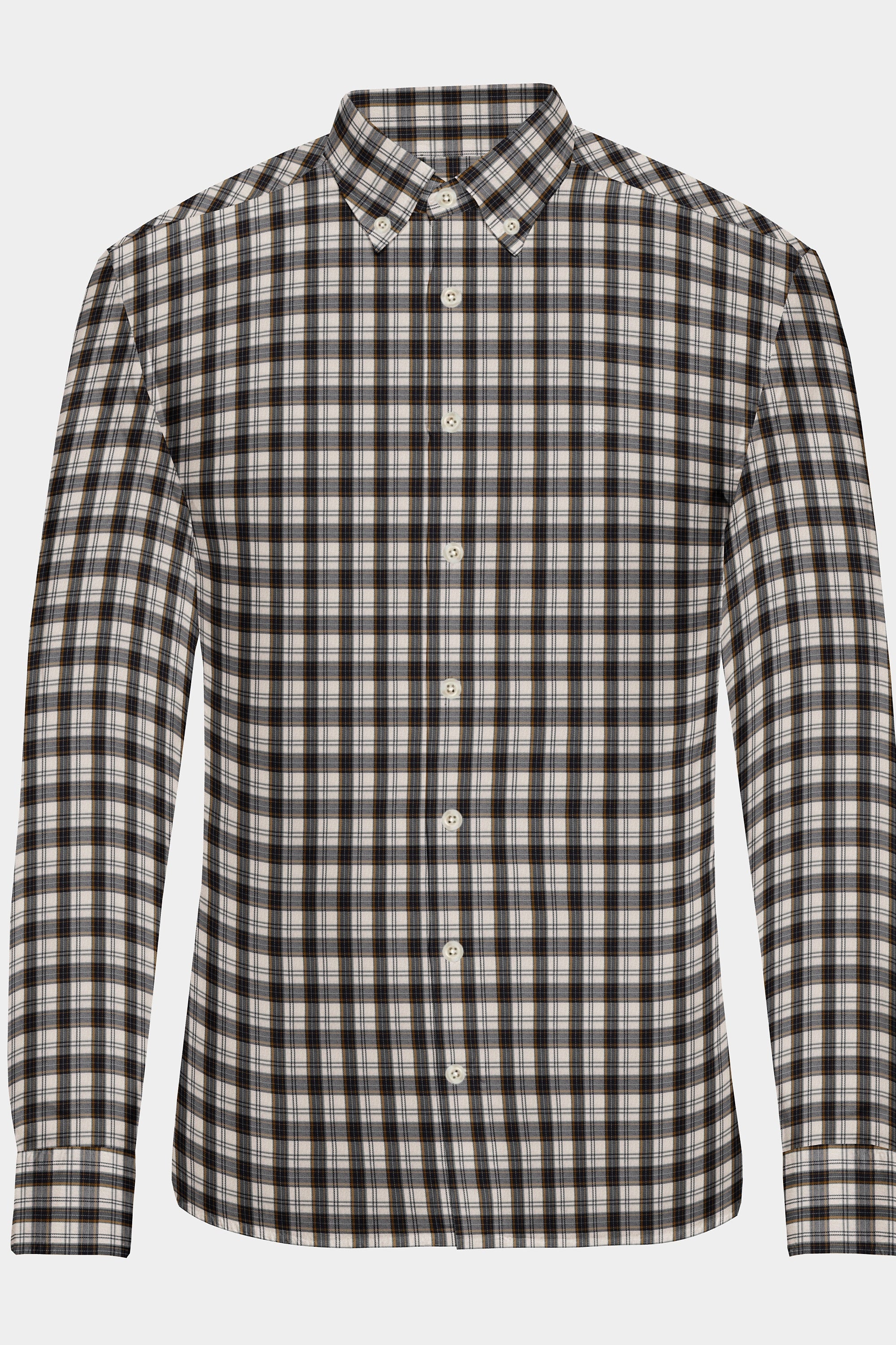 Black Plaid Checks Button Down  Cotton Long Sleeves Jacquard Mens Shirt