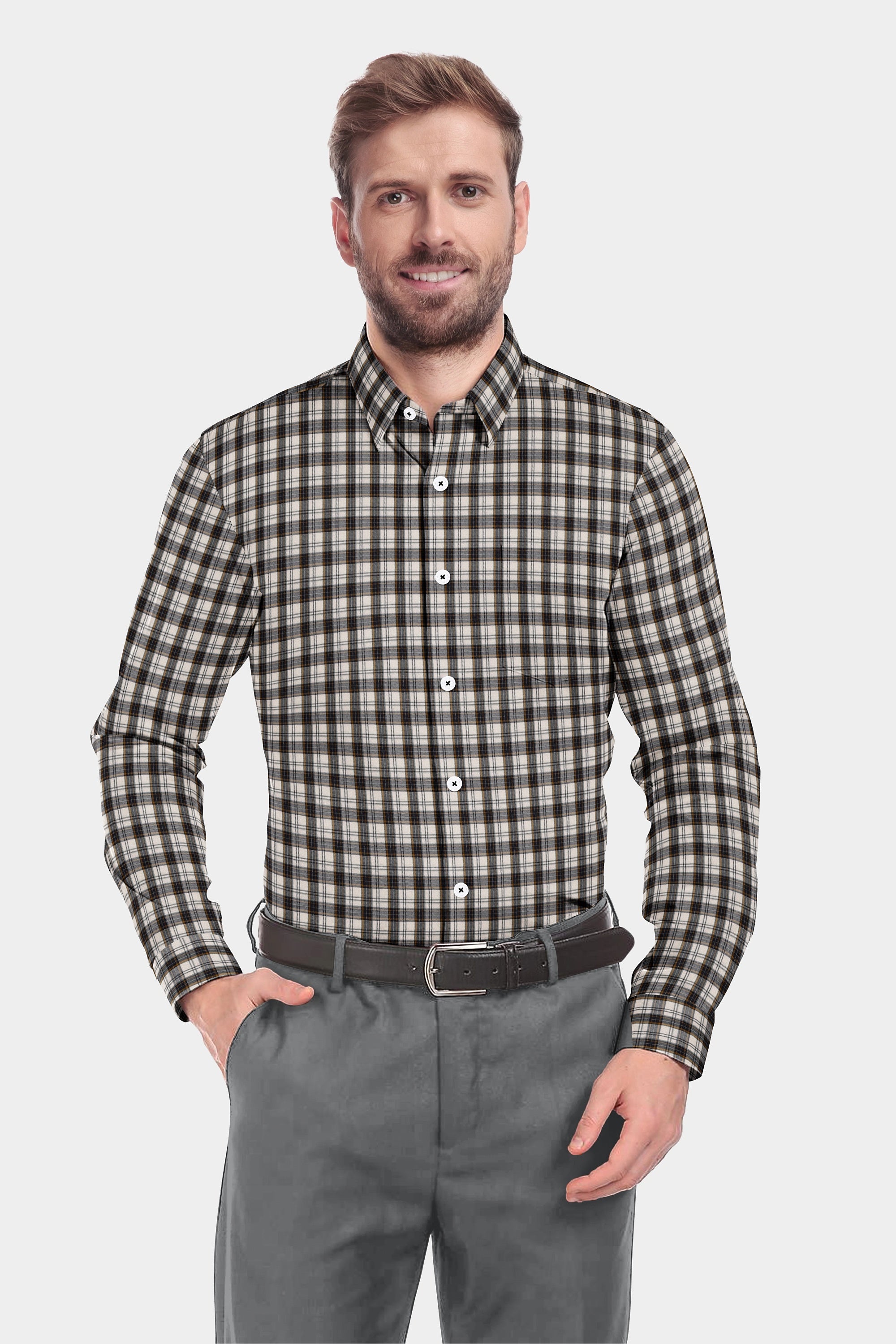 Black Plaid Checks Button Down  Cotton Long Sleeves Jacquard Mens Shirt