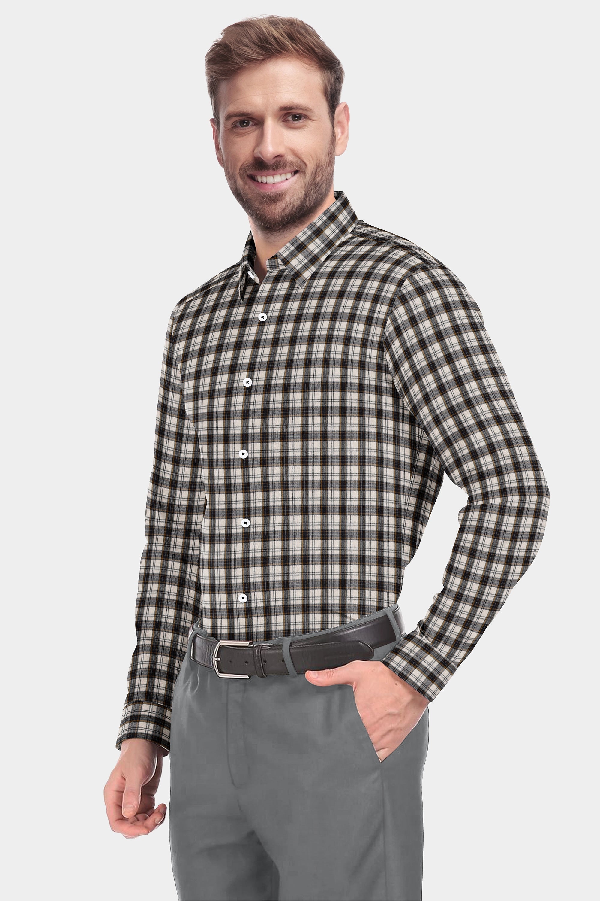 Black Plaid Checks Button Down  Cotton Long Sleeves Jacquard Mens Shirt