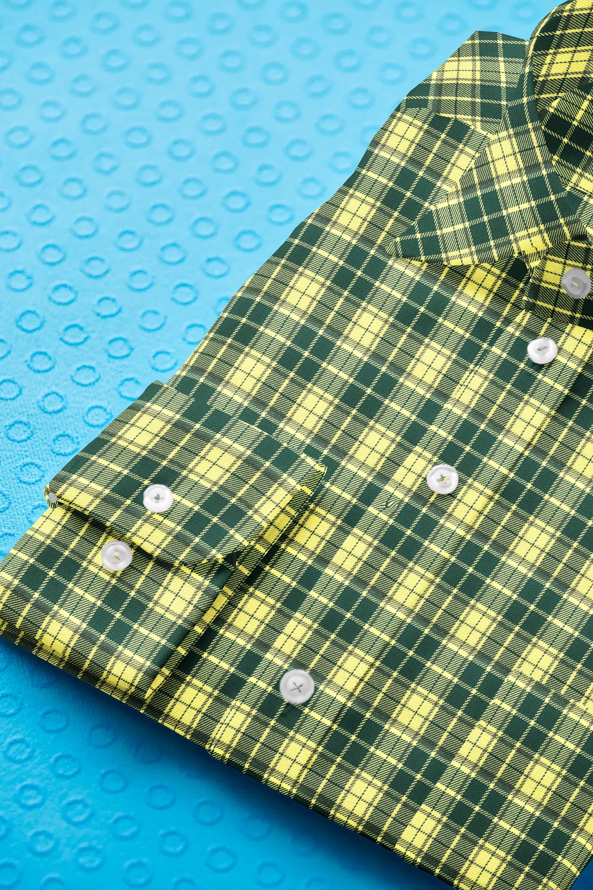 Light Green Plaid Checks Button Down  Cotton Long Sleeves Jacquard Mens Shirt