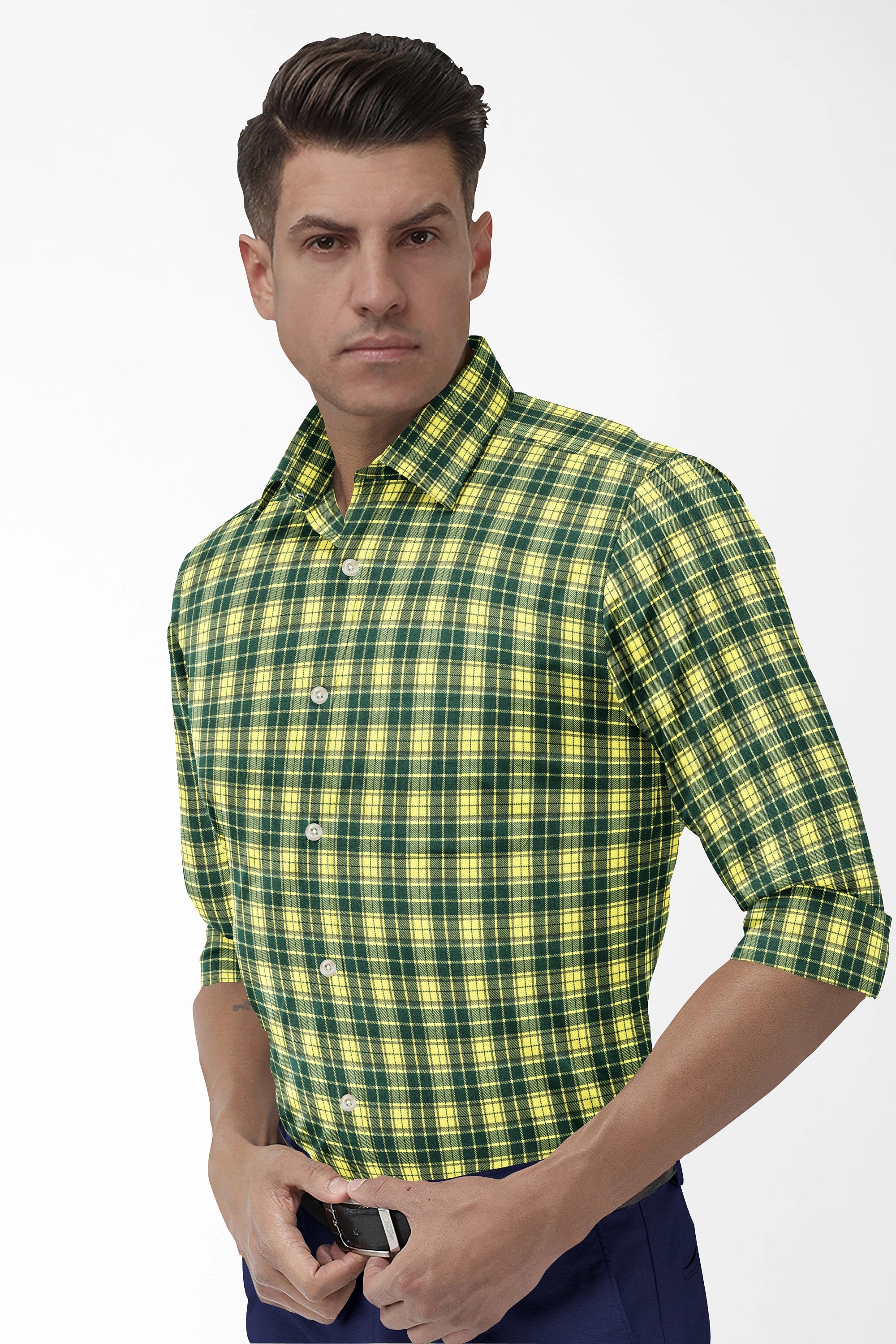 Light Green Plaid Checks Button Down  Cotton Long Sleeves Jacquard Mens Shirt