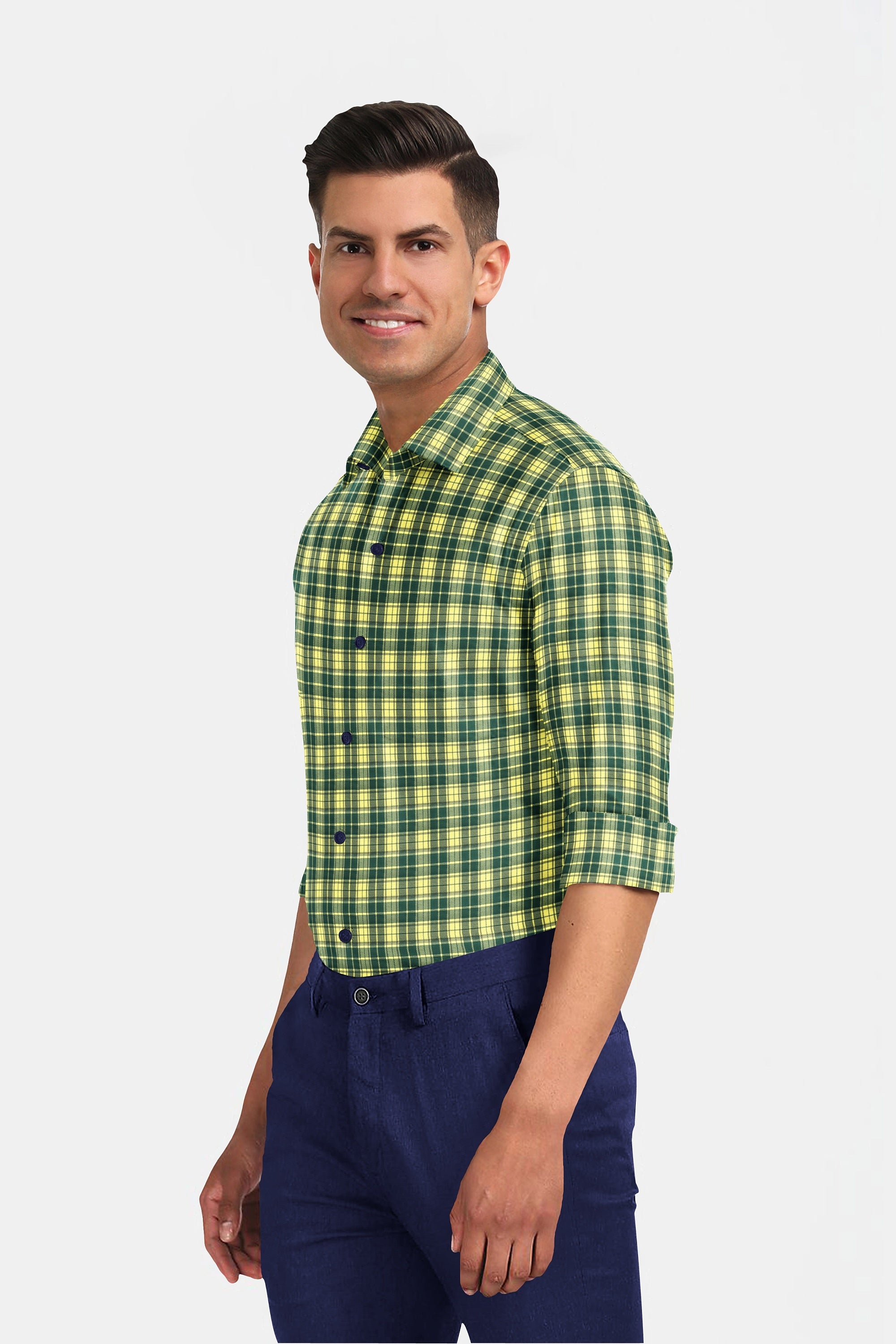 Light Green Plaid Checks Button Down  Cotton Long Sleeves Jacquard Mens Shirt