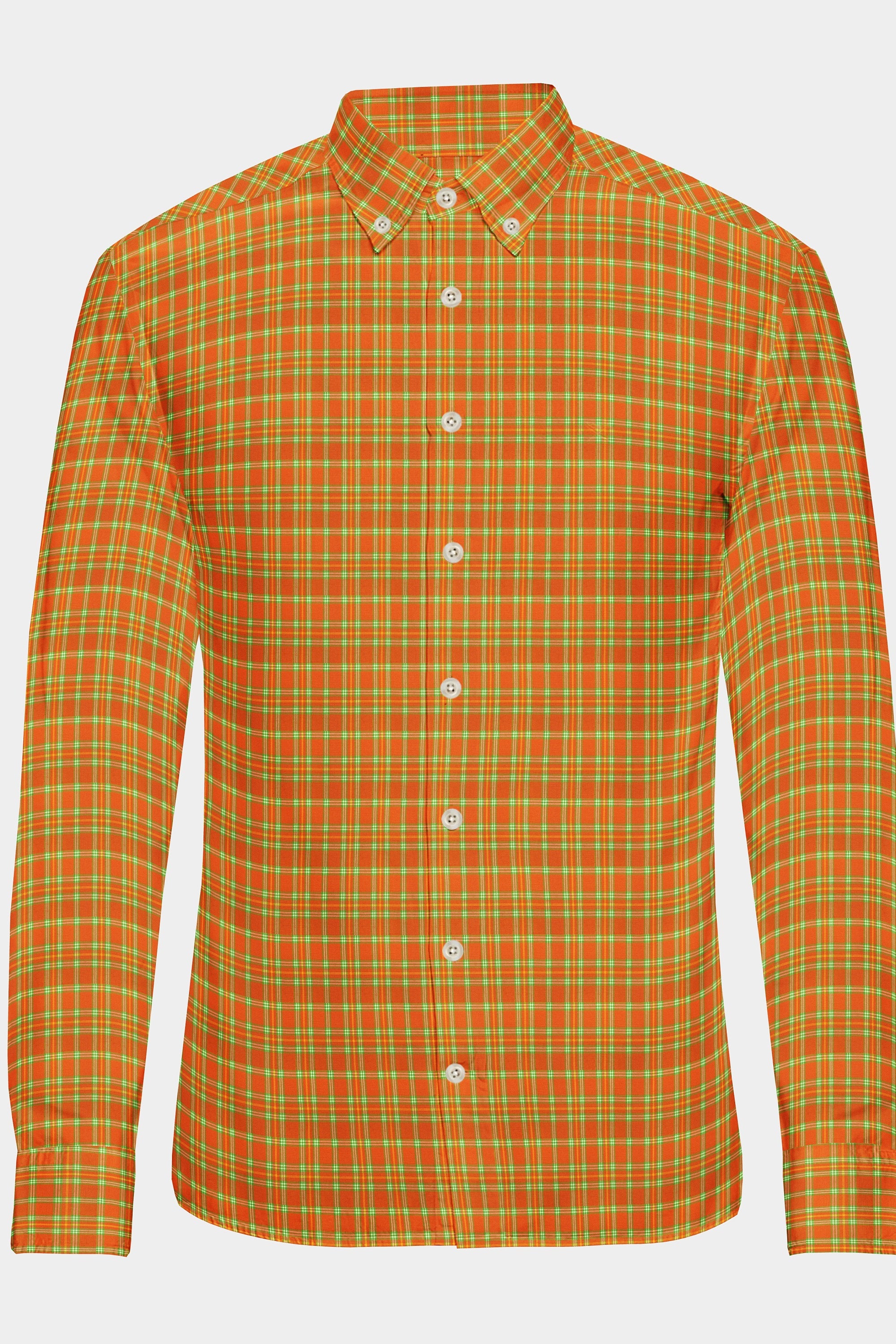 Orange Plaid Checks Button Down  Cotton Long Sleeves Jacquard Mens Shirt