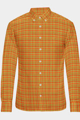 Orange Plaid Checks Button Down  Cotton Long Sleeves Jacquard Mens Shirt