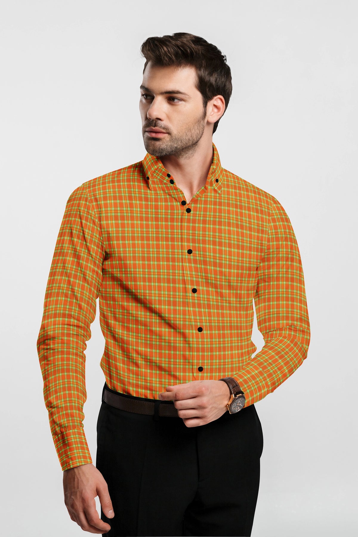 Orange Plaid Checks Button Down  Cotton Long Sleeves Jacquard Mens Shirt