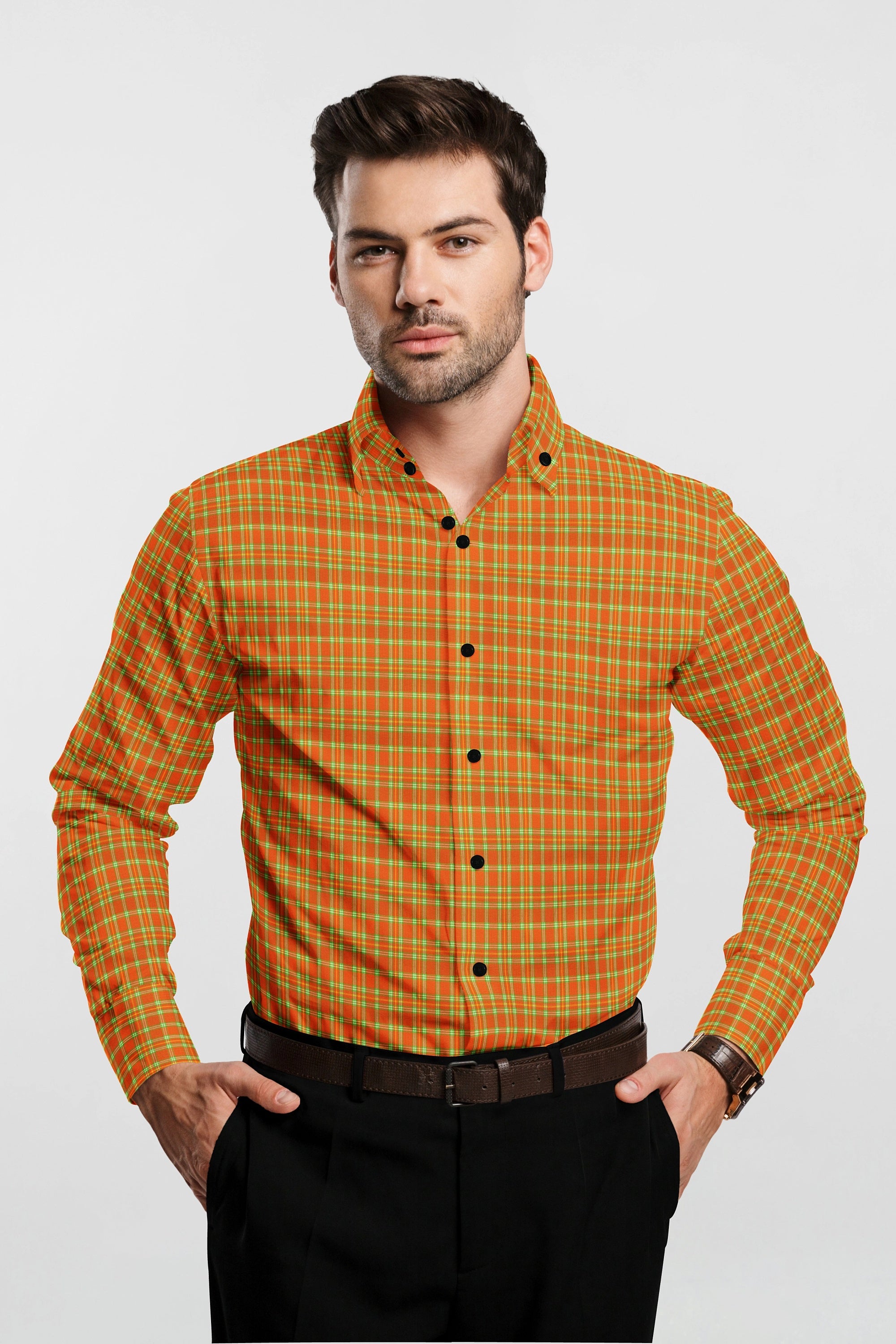 Orange Plaid Checks Button Down  Cotton Long Sleeves Jacquard Mens Shirt