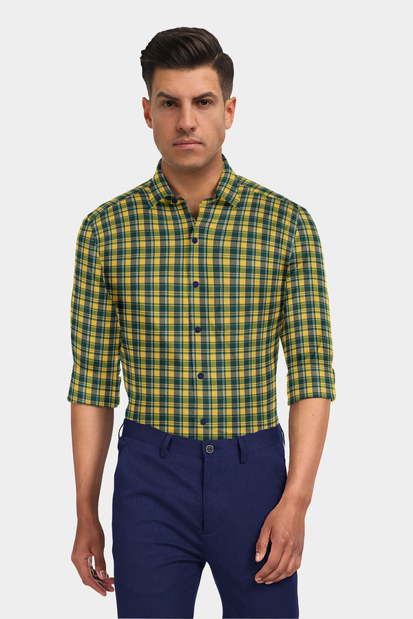 Olive Green Cotton Plaid Checks Button Down Long Sleeves Mens Casual Shirt