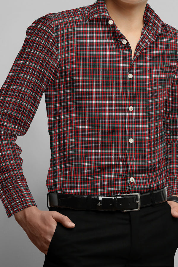 Maroon Black Cotton Plaid Checks Button Down Long Sleeves Mens Casual Shirt