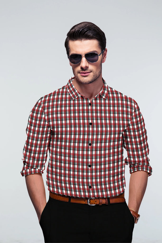 Red Cotton Plaid Checks Button Down Long Sleeves Mens Casual Shirt