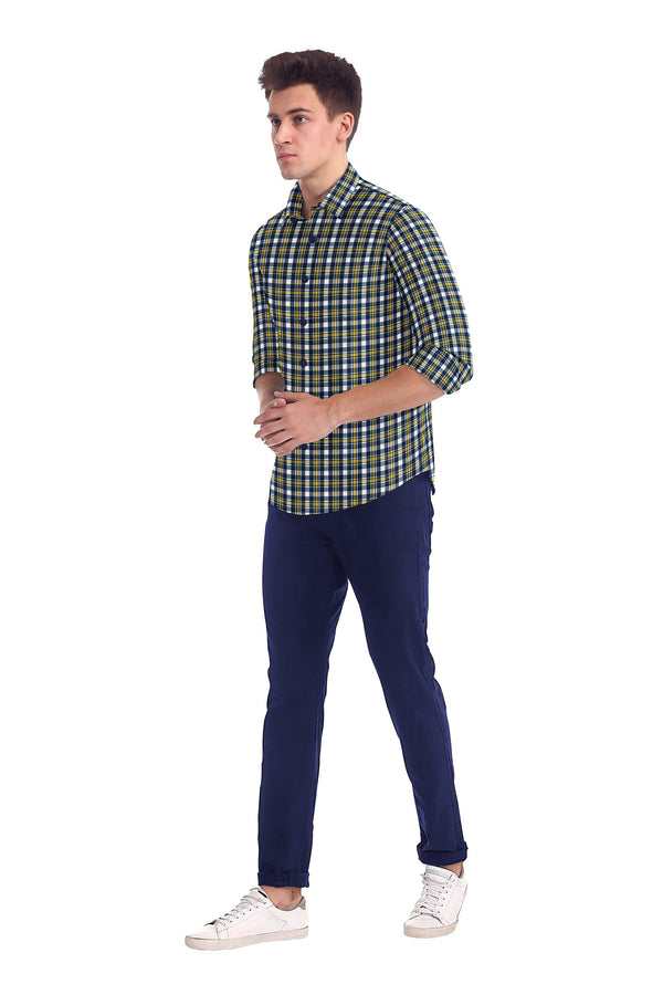 Blue Yellow Cotton Plaid Checks Button Down Long Sleeves Mens Casual Shirt