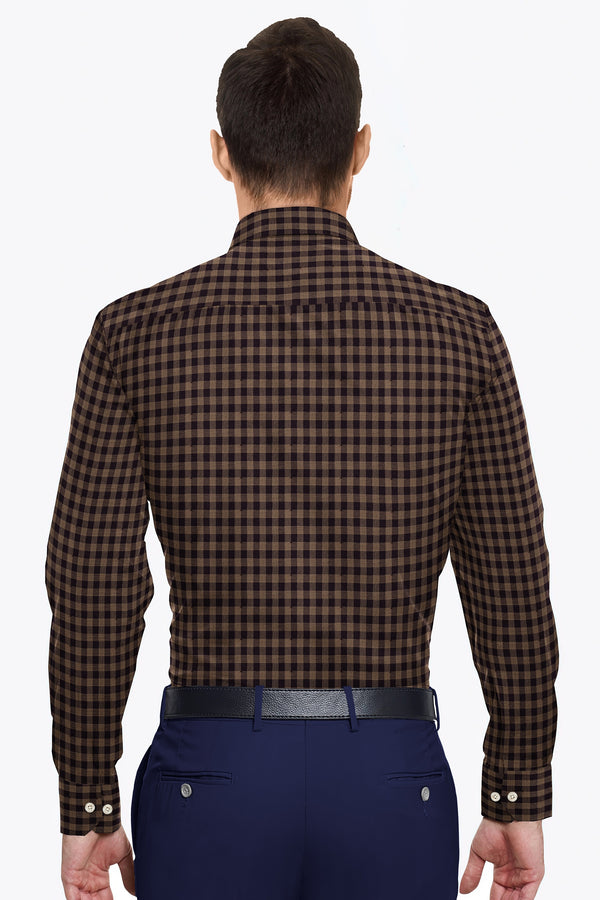 Coffee Brown Cotton Plaid Checks Button Down Long Sleeves Mens Casual Shirt