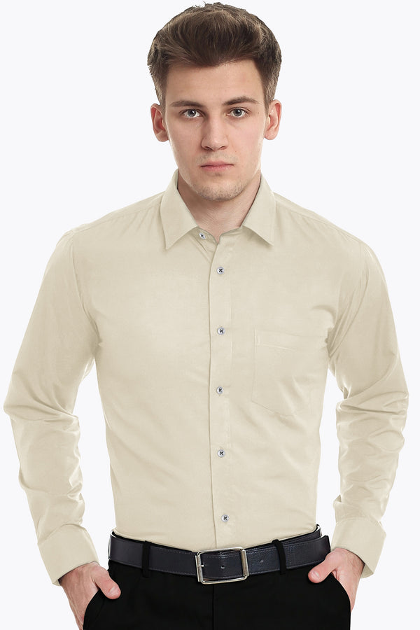 Cream Solid Plain Cotton Shirt With Spread Collar and Full Sleeves